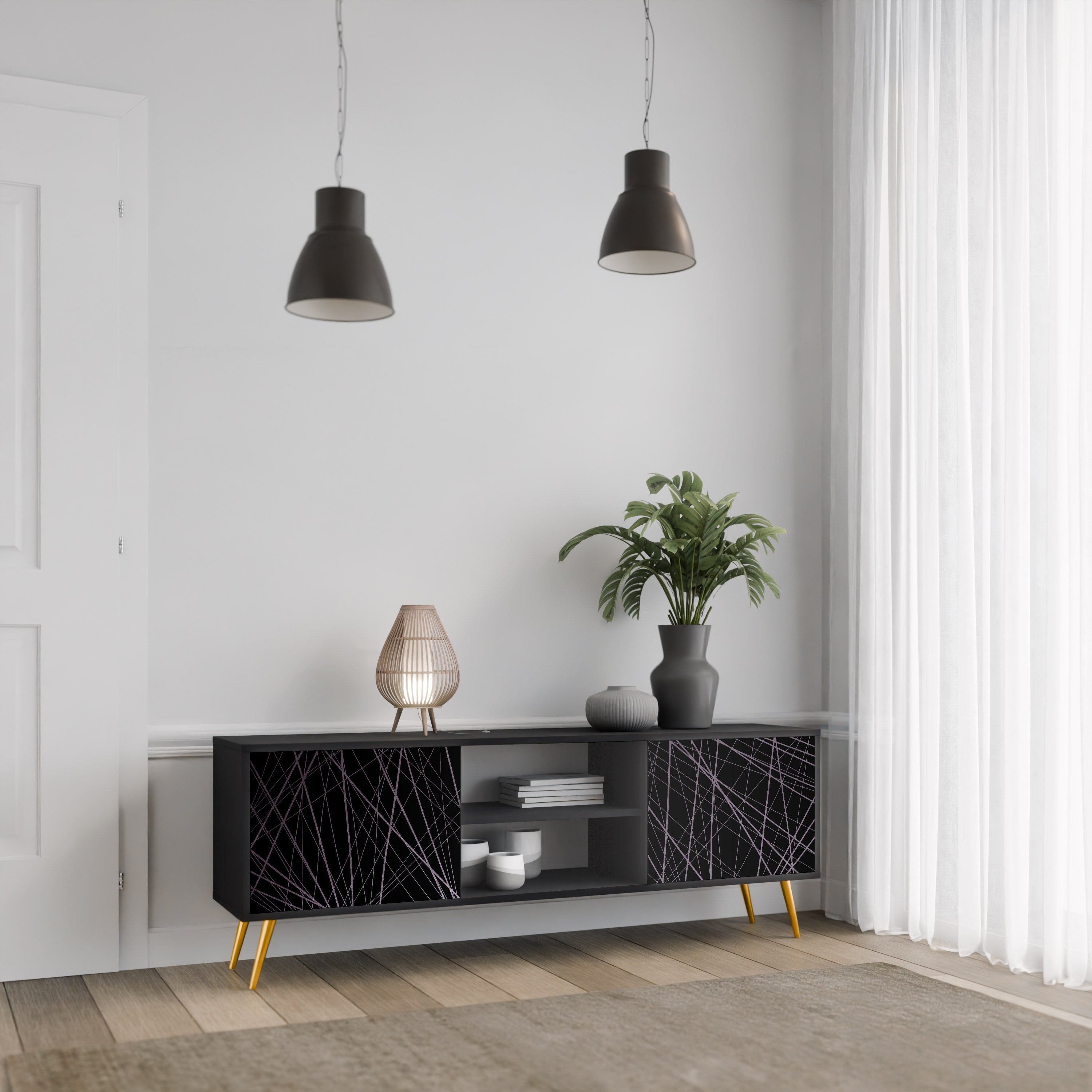 SHIMMER SPIDERGRAM 2-Door TV Stand in Black Finish