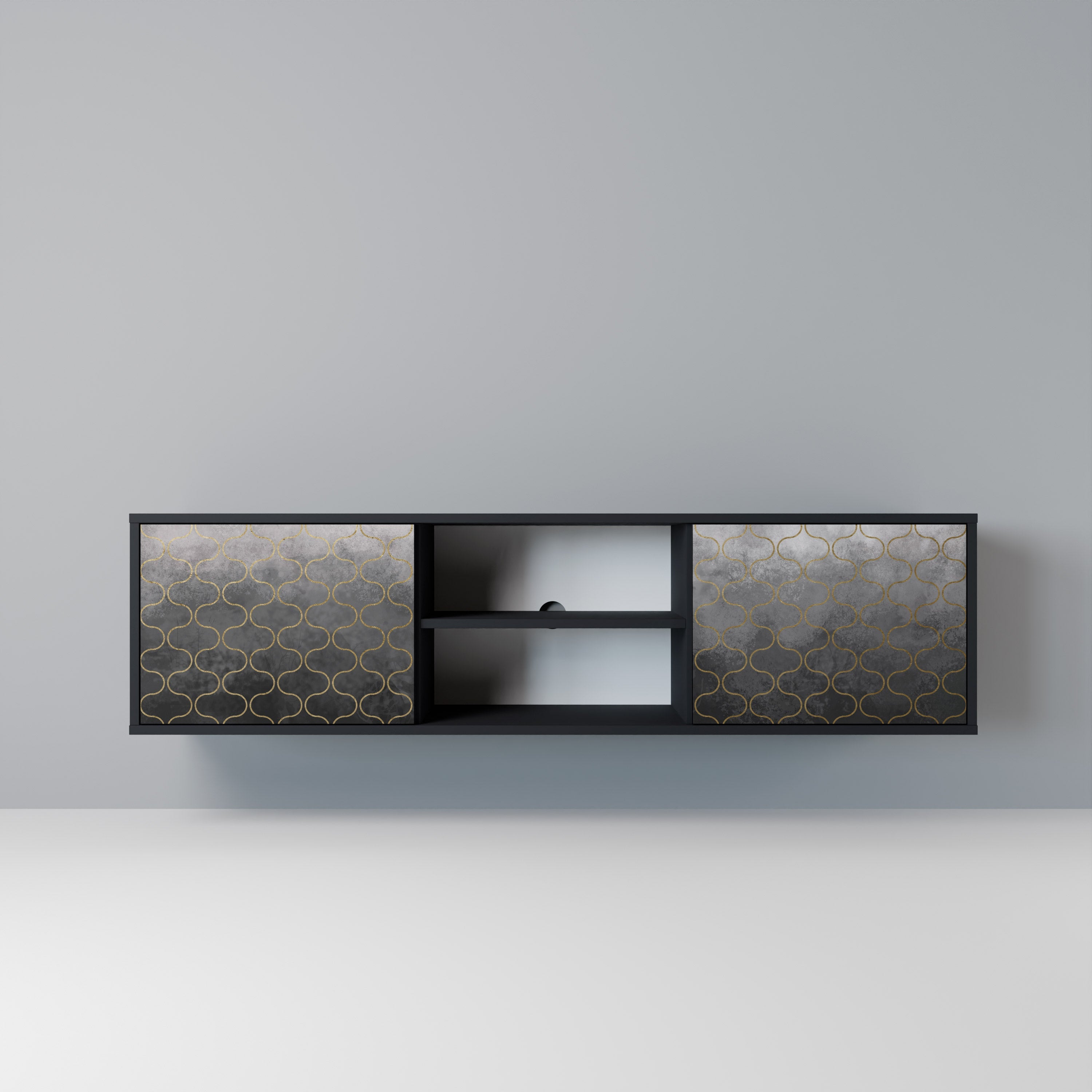 TESSELATED GRAYISH 2-Door TV Stand in Black Finish