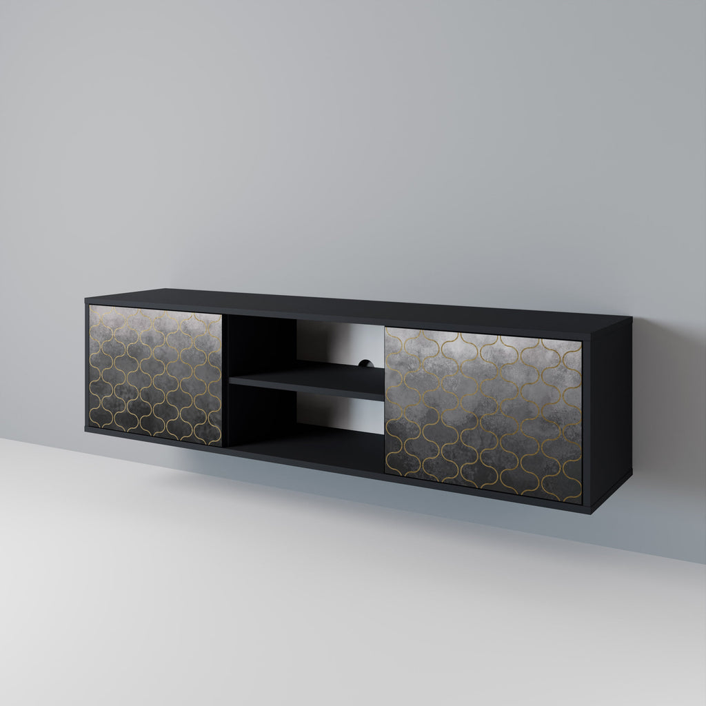 TESSELATED GRAYISH 2-Door TV Stand in Black Finish