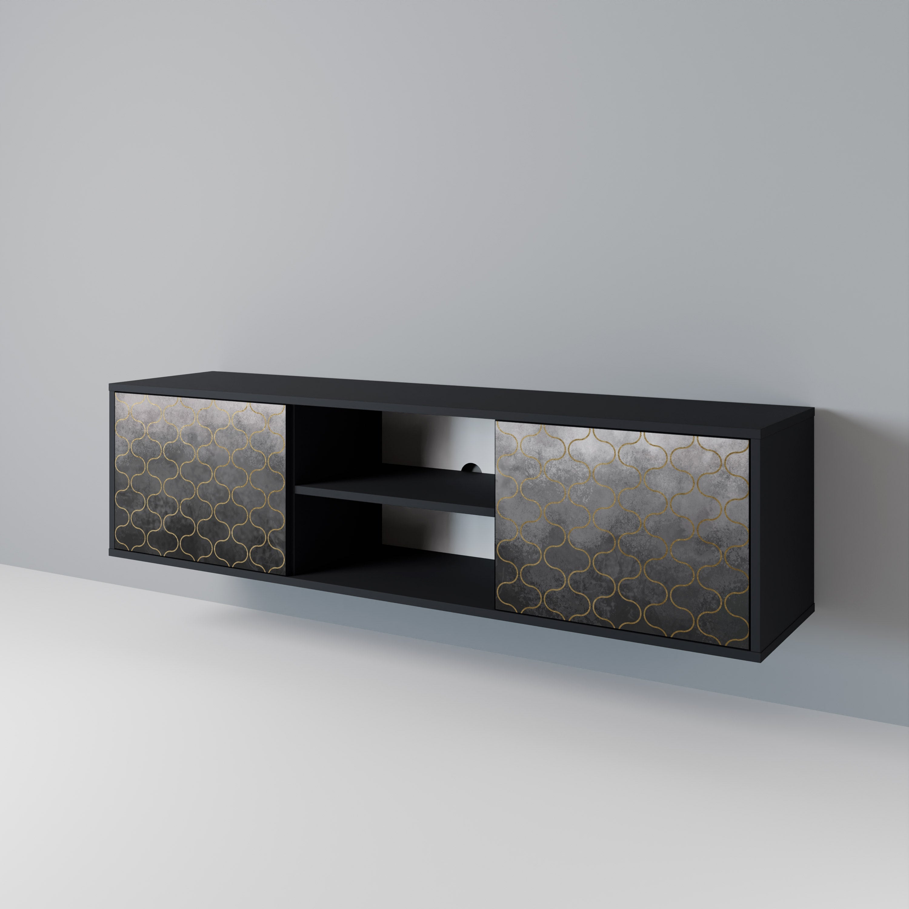 TESSELATED GRAYISH 2-Door TV Stand in Black Finish