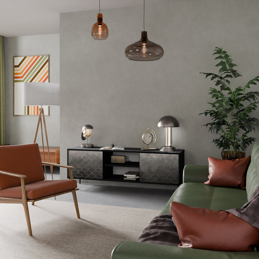 TESSELATED GRAYISH 2-Door TV Stand in Black Finish