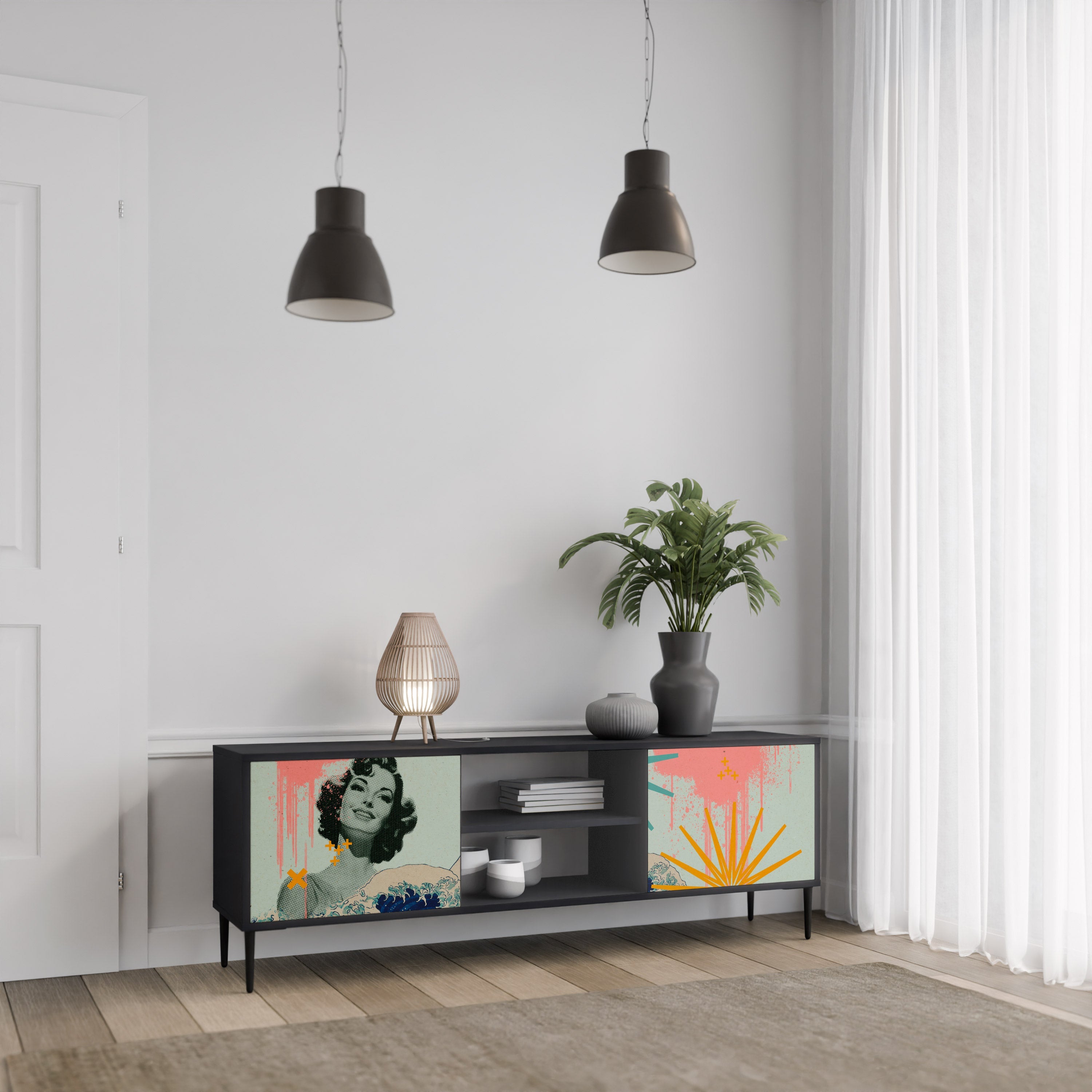 KANAGAWA BEAUTY Móvel de TV com 2 Portas em Acabamento Preto