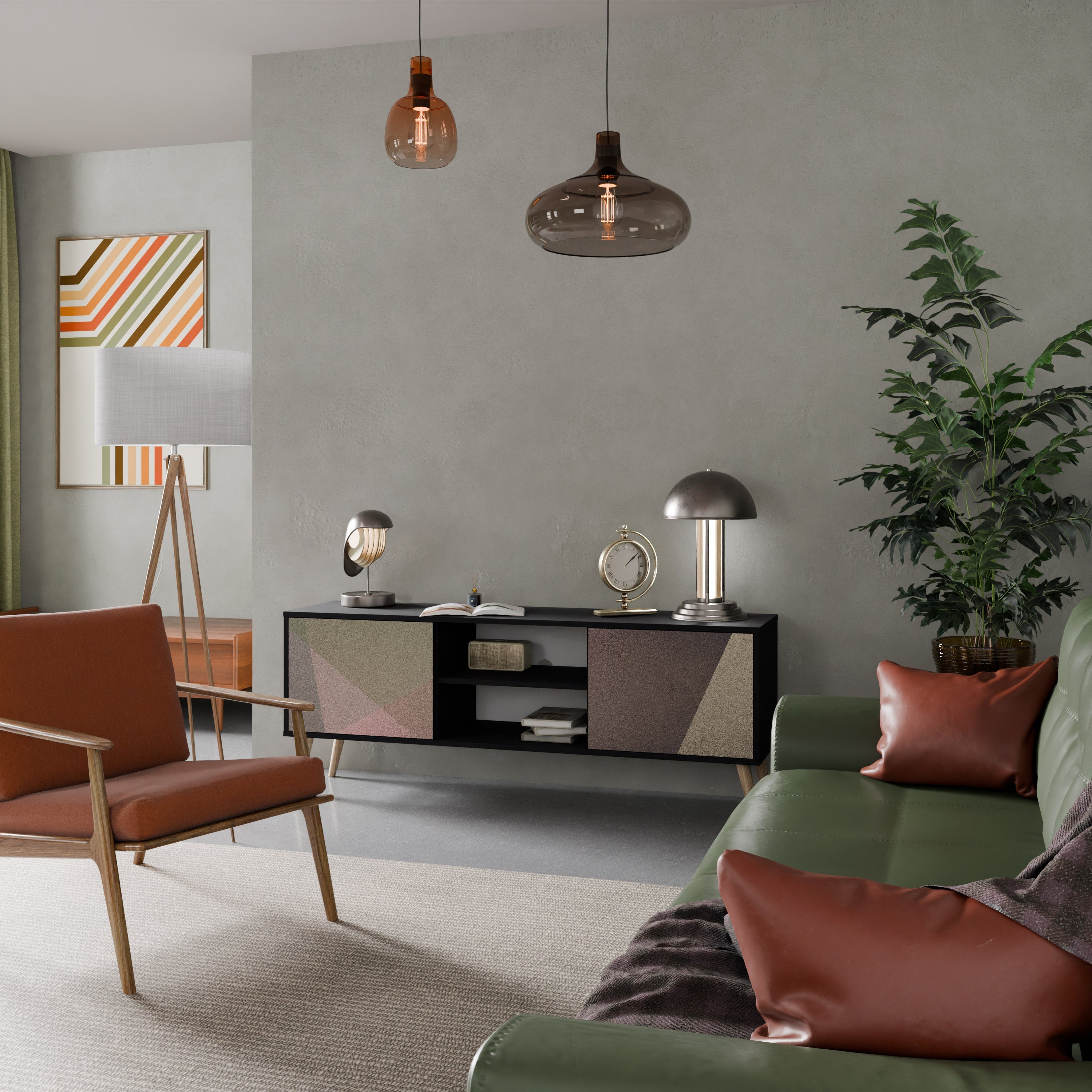 BEIGE GEOMETRY Móvel de TV com 2 Portas em Acabamento Preto