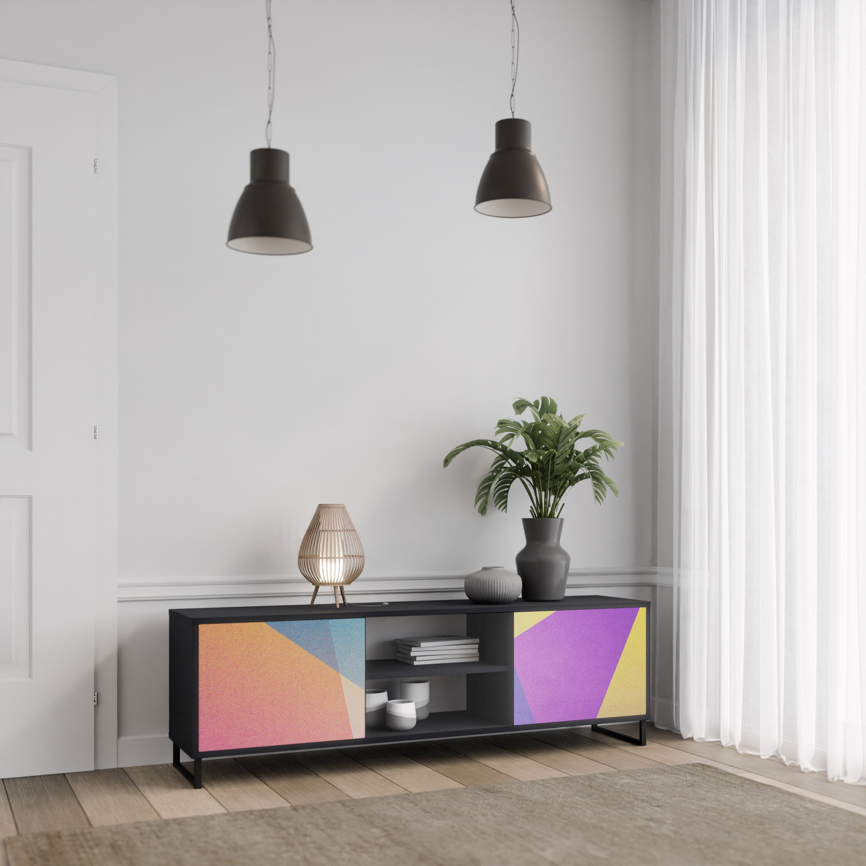 BRIGHT GEOMETRY Móvel de TV com 2 Portas em Acabamento Preto