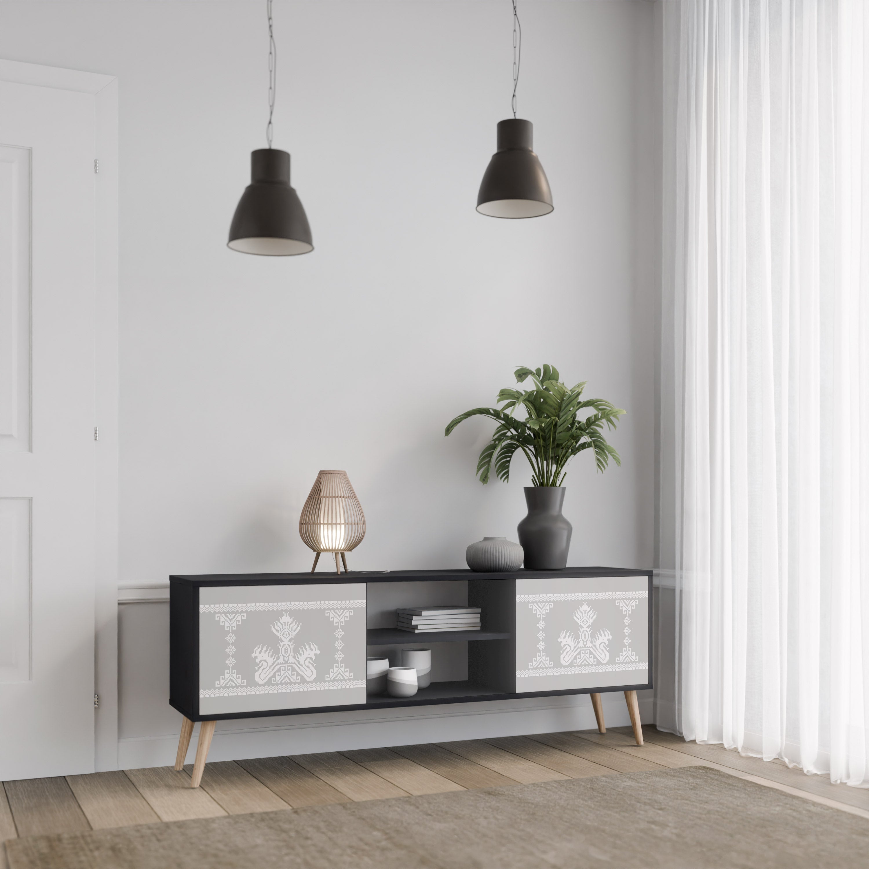 THAI GRAY Móvel de TV com 2 Portas em Acabamento Preto