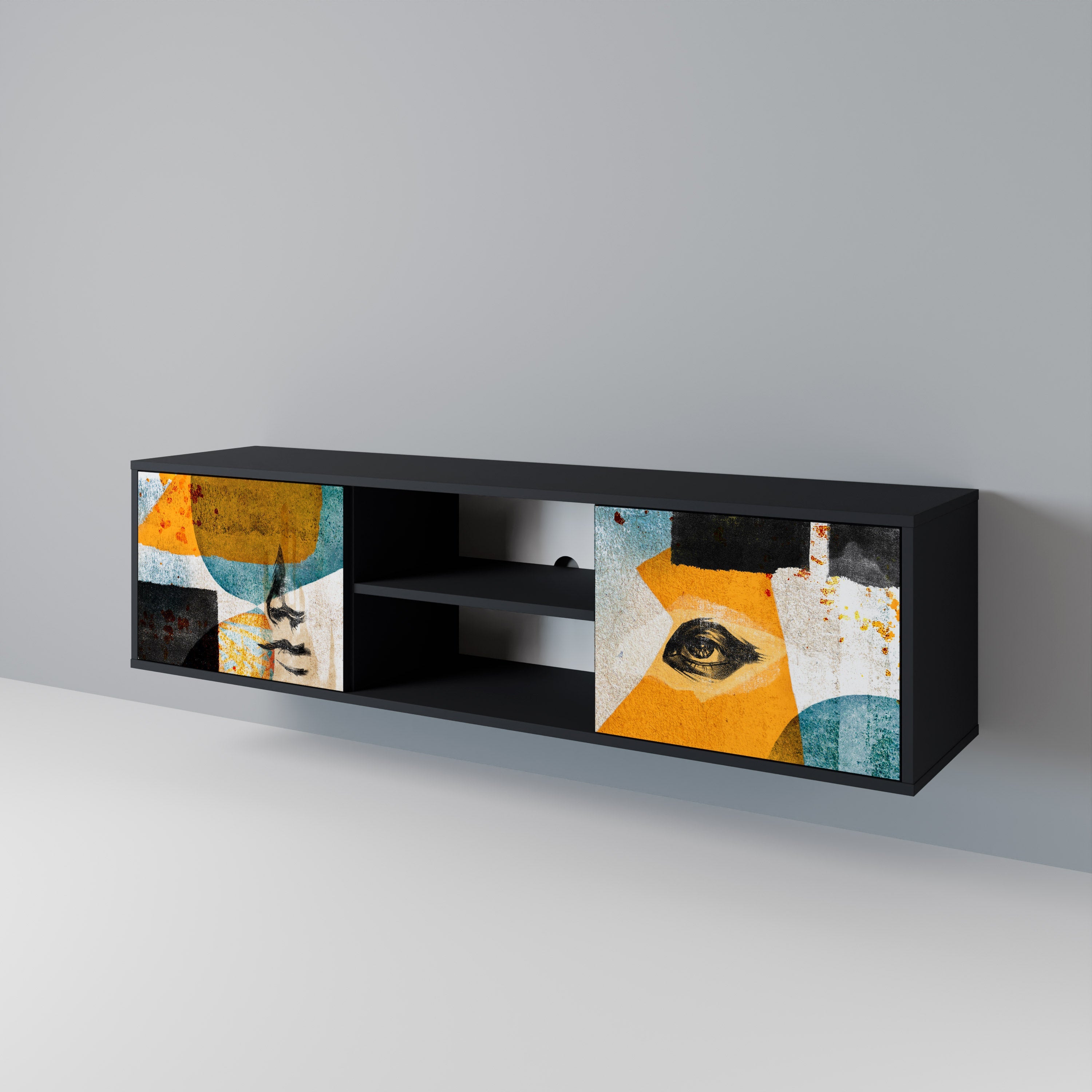 ABSTRACT FACES Móvel de TV com 2 Portas em Acabamento Preto