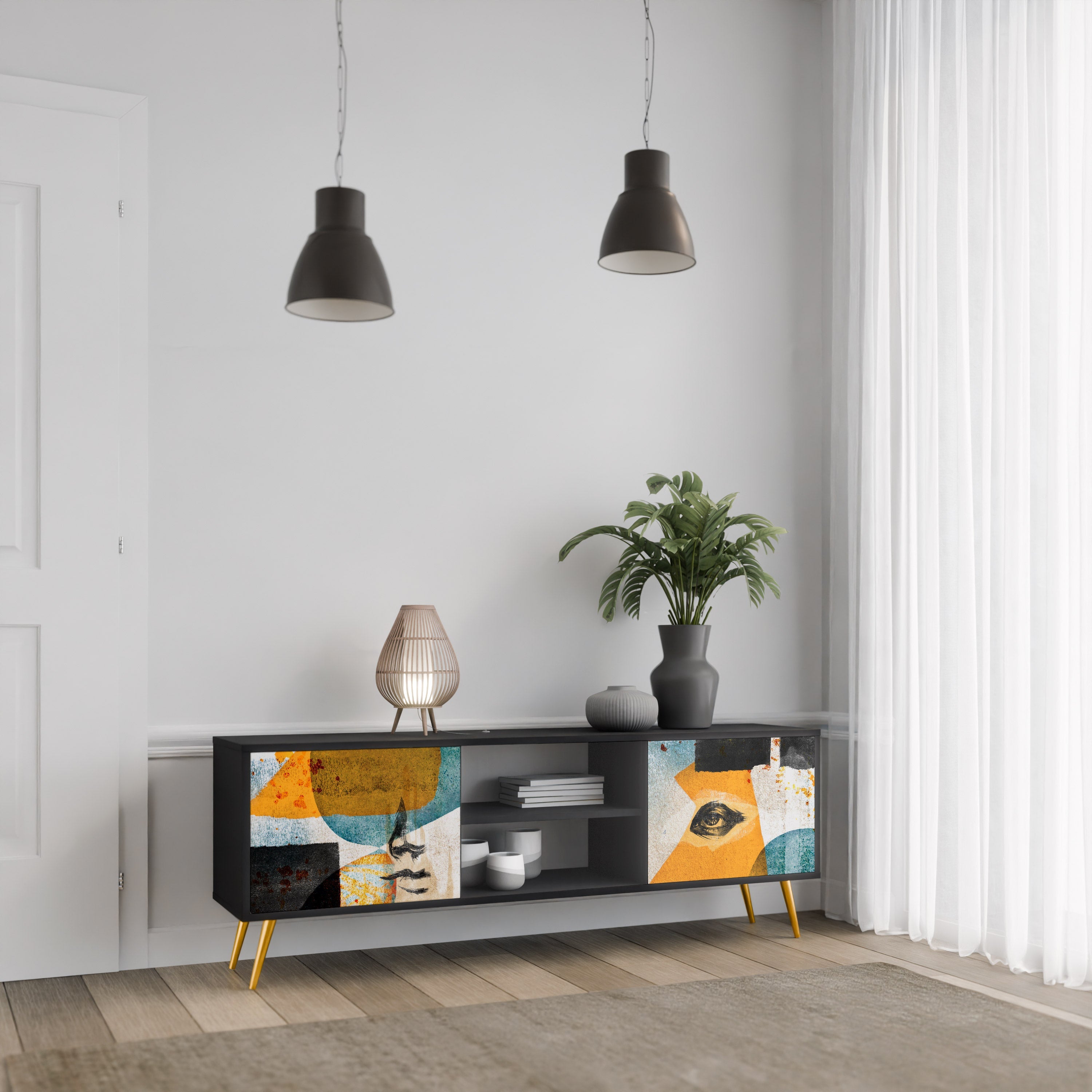 ABSTRACT FACES Móvel de TV com 2 Portas em Acabamento Preto