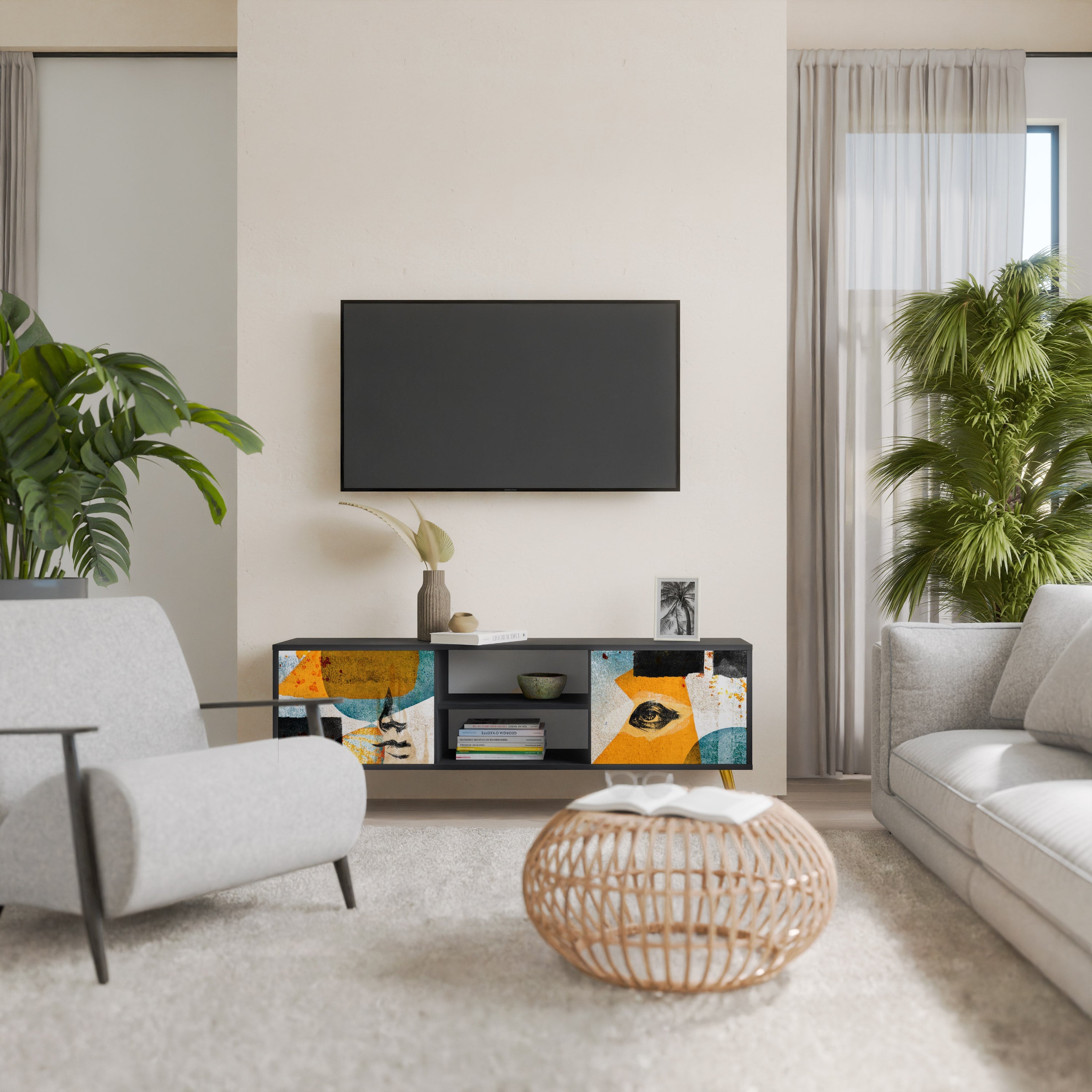 ABSTRACT FACES Móvel de TV com 2 Portas em Acabamento Preto