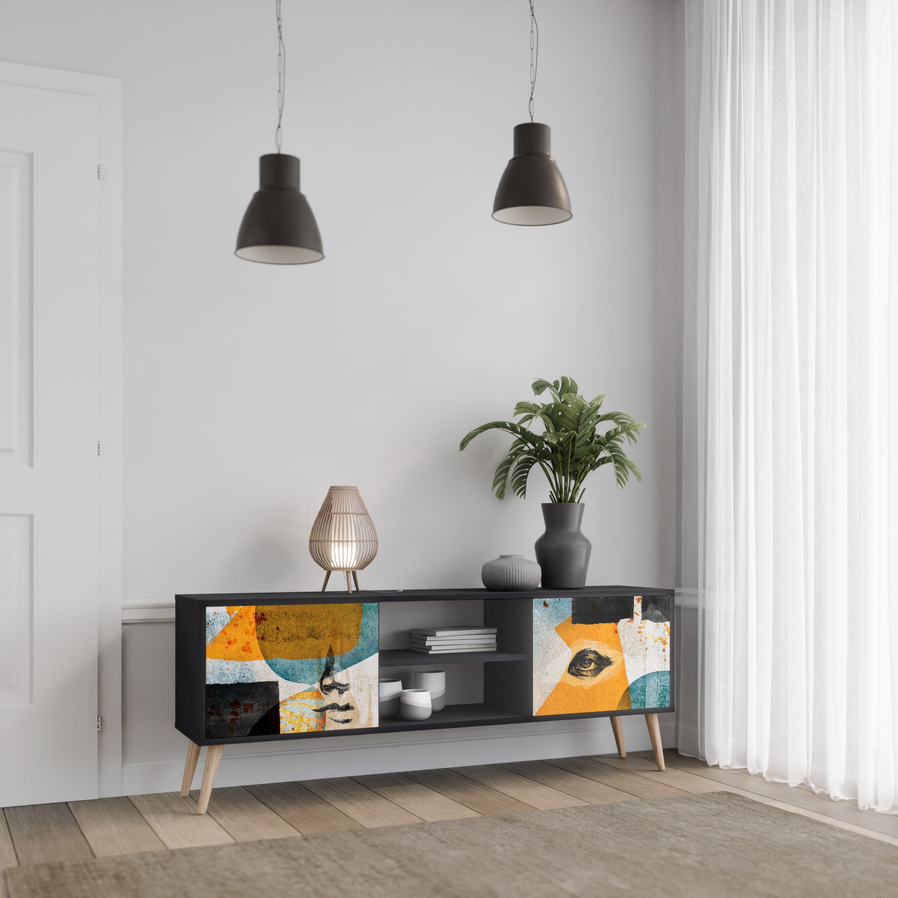 ABSTRACT FACES Móvel de TV com 2 Portas em Acabamento Preto