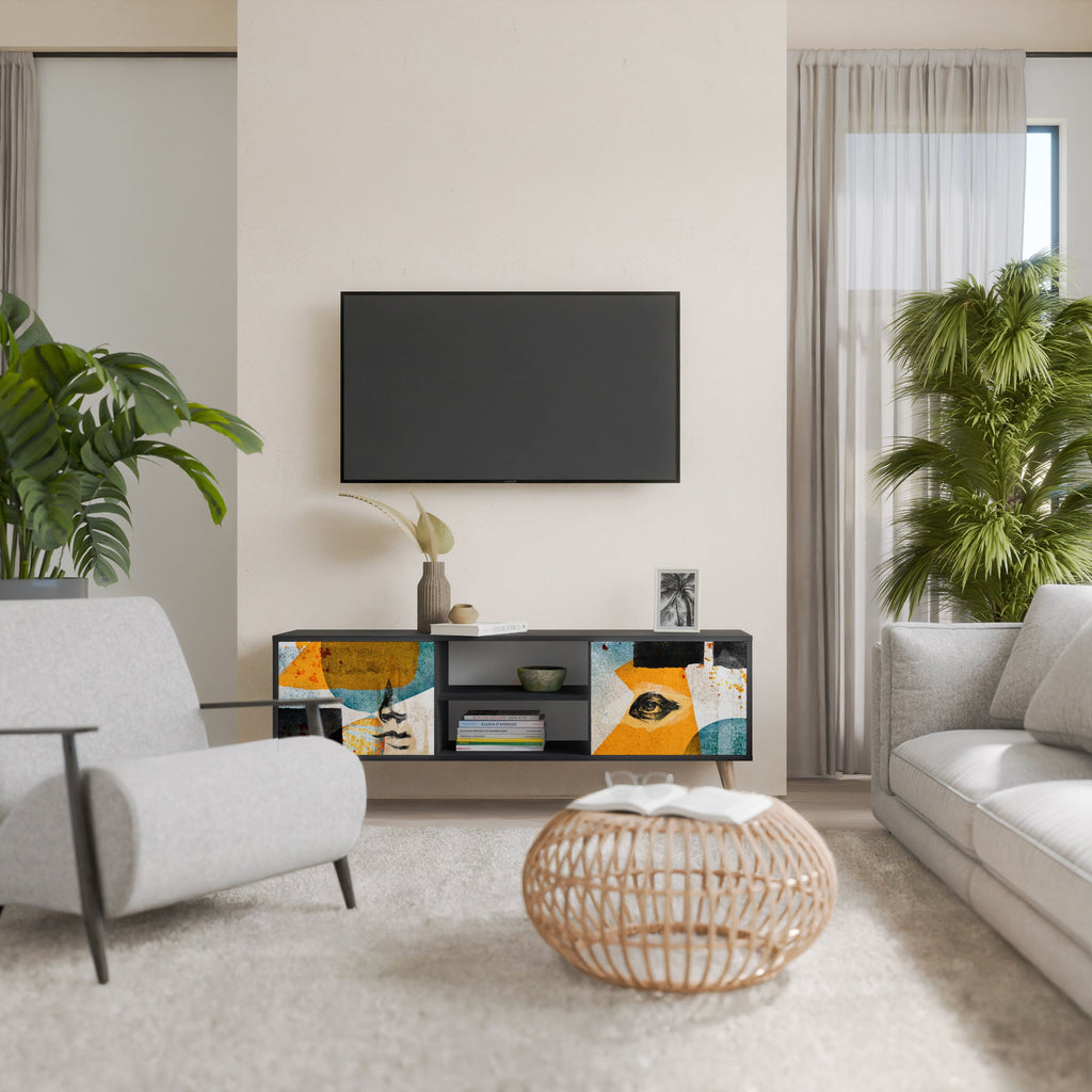 ABSTRACT FACES Móvel de TV com 2 Portas em Acabamento Preto