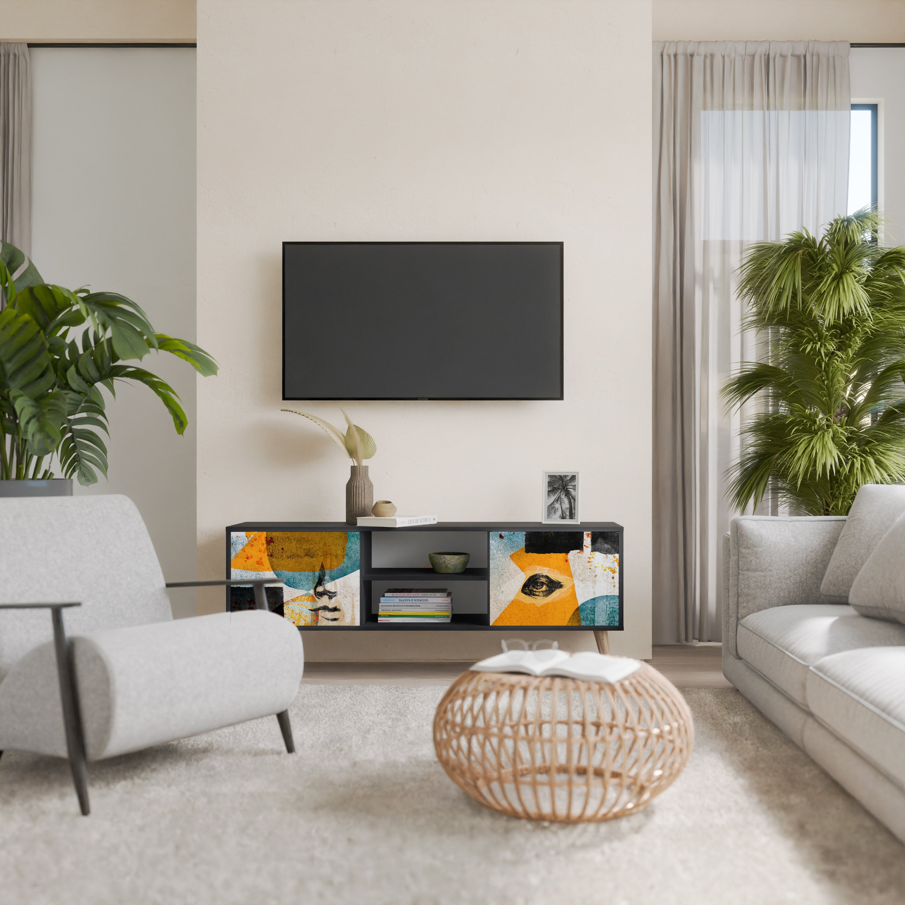 ABSTRACT FACES Móvel de TV com 2 Portas em Acabamento Preto