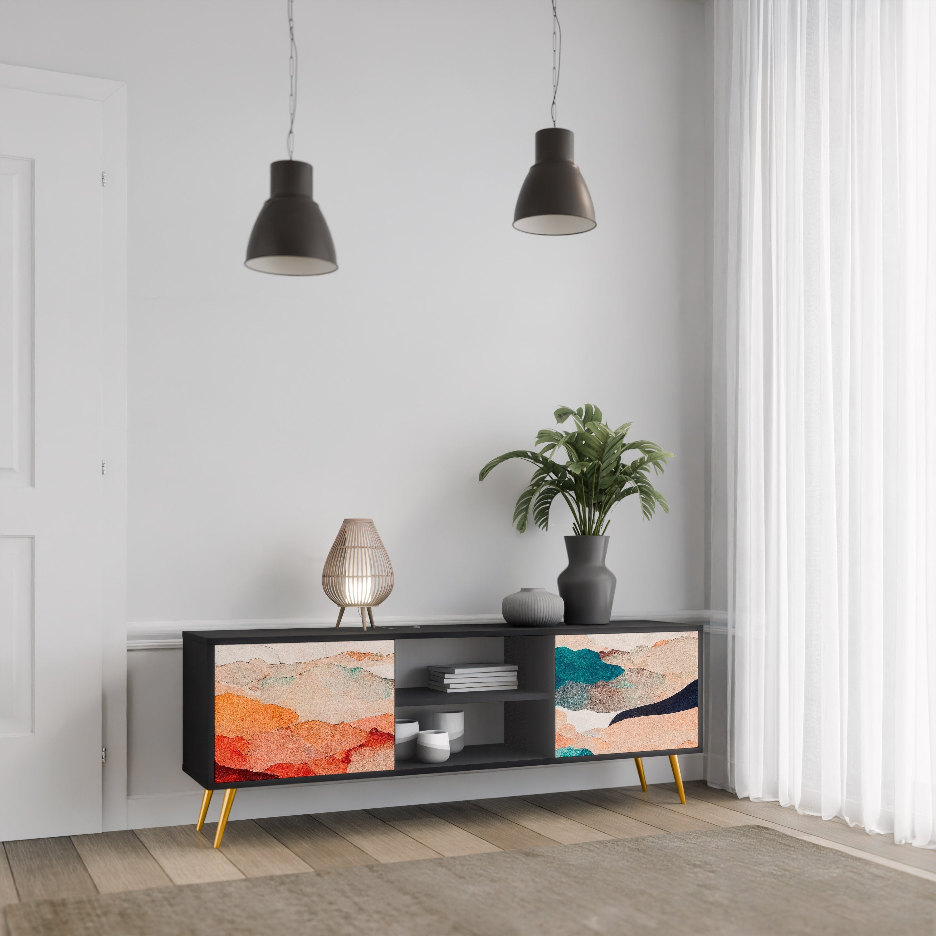 ABSTRACT LANDSCAPE Móvel de TV com 2 Portas em Acabamento Preto