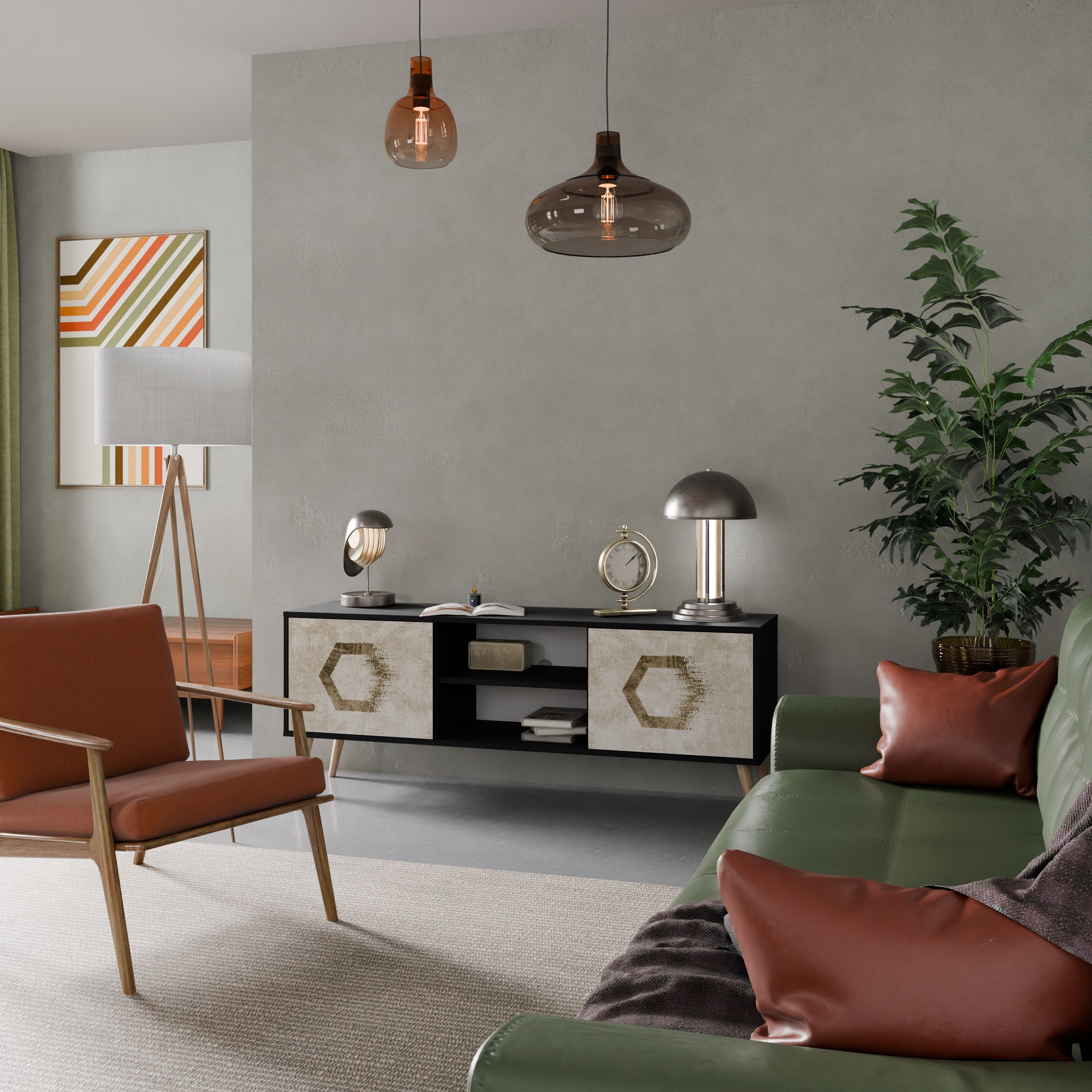 HEXAGONAL SHAPES Móvel de TV com 2 Portas em Acabamento Preto