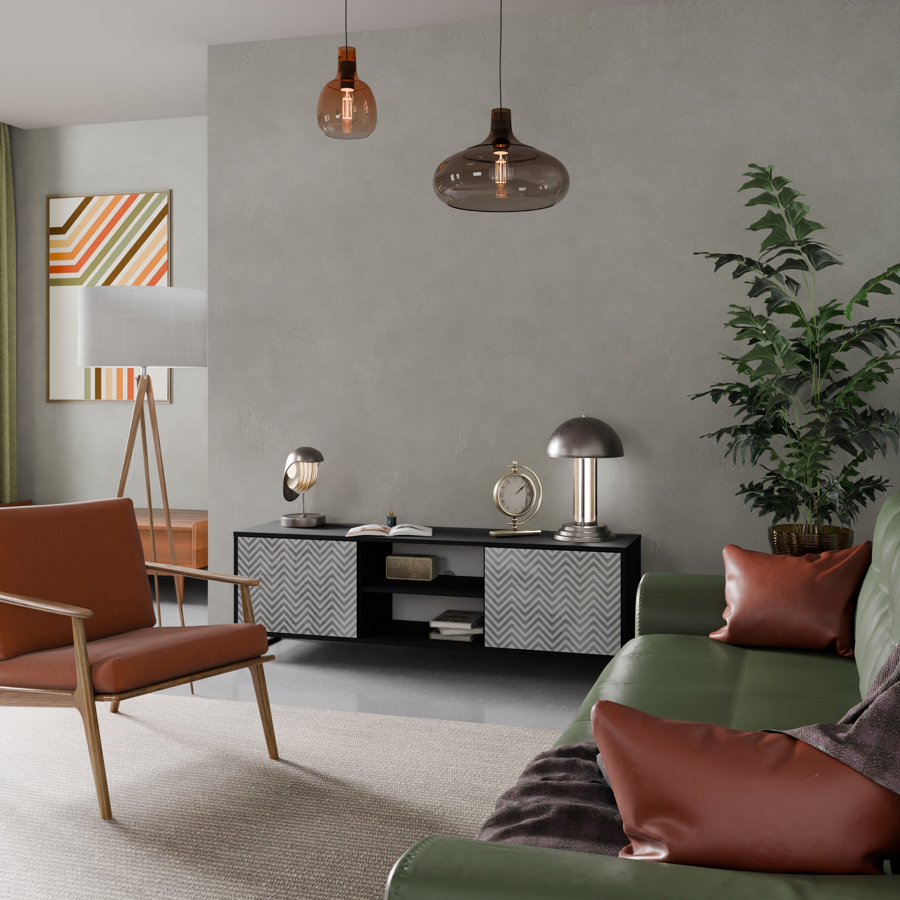 CONCRETE ZIG ZAG Móvel de TV com 2 Portas em Acabamento Preto