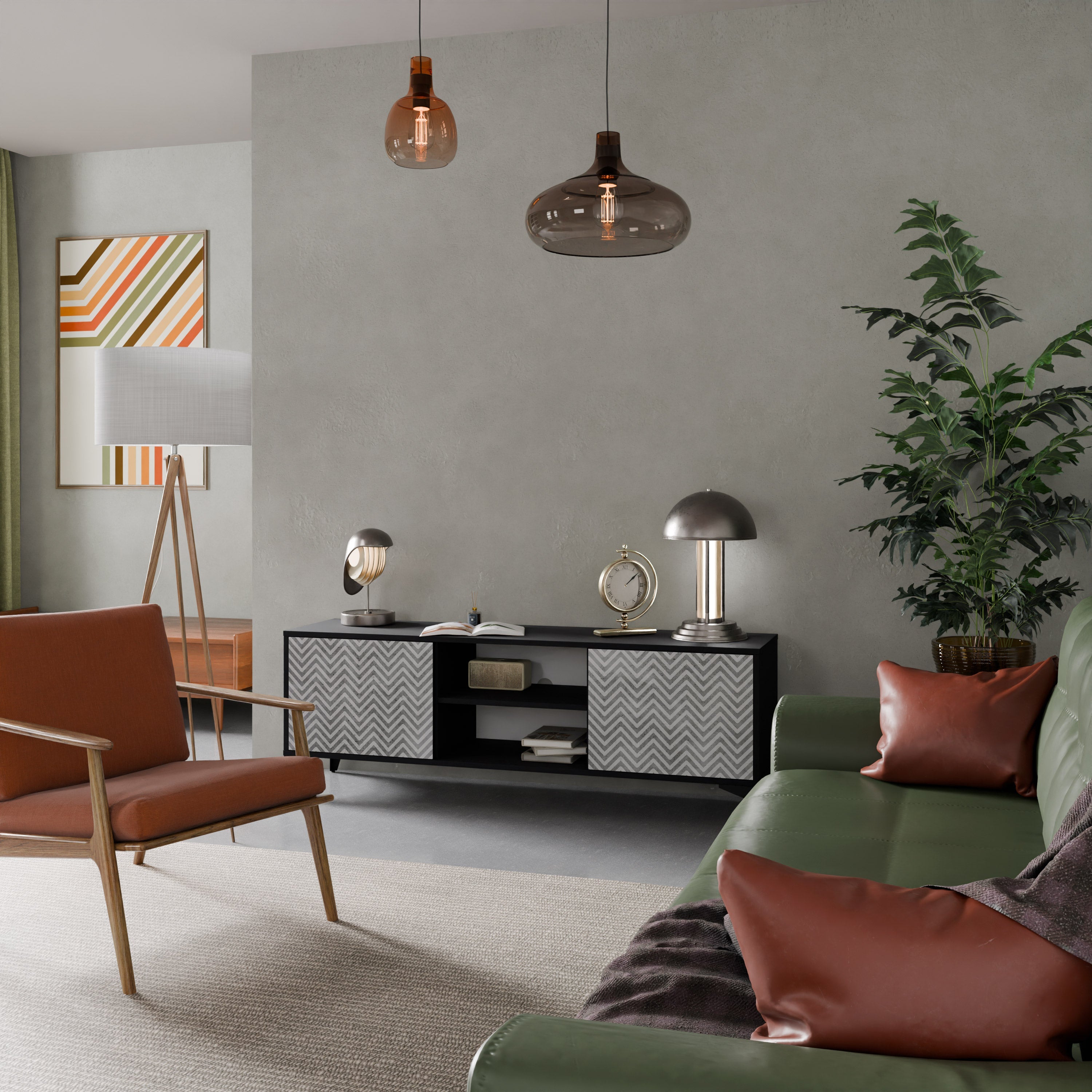 CONCRETE ZIG ZAG Móvel de TV com 2 Portas em Acabamento Preto