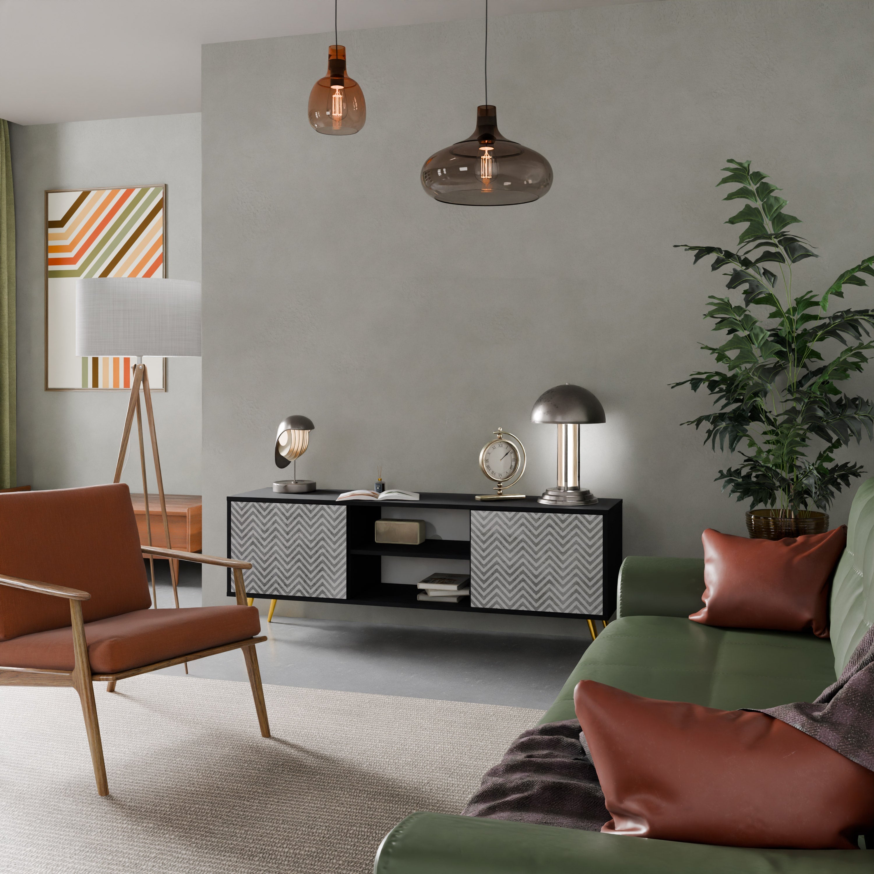 CONCRETE ZIG ZAG Móvel de TV com 2 Portas em Acabamento Preto