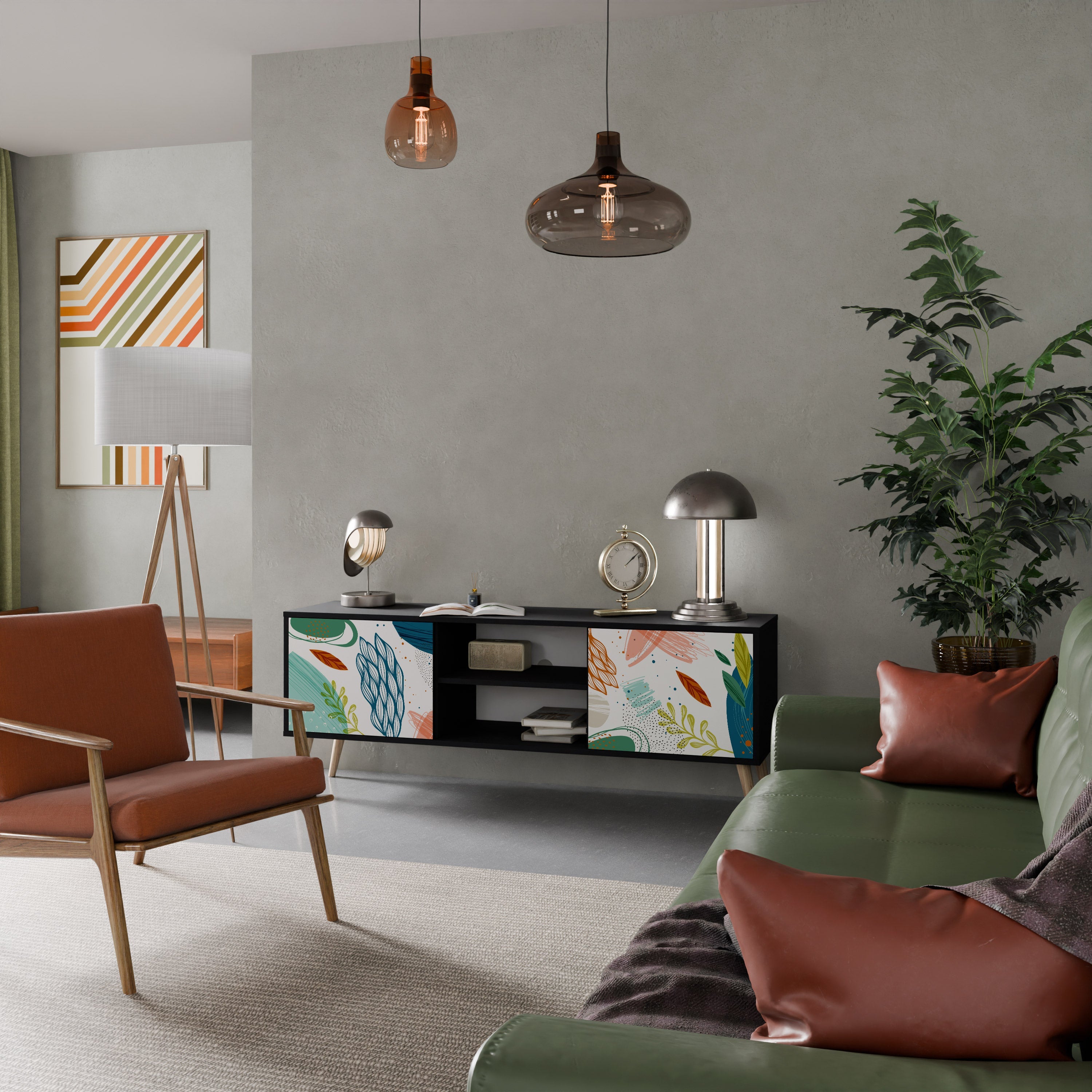 BOTANICAL HURRICANE Móvel de TV com 2 Portas em Acabamento Preto