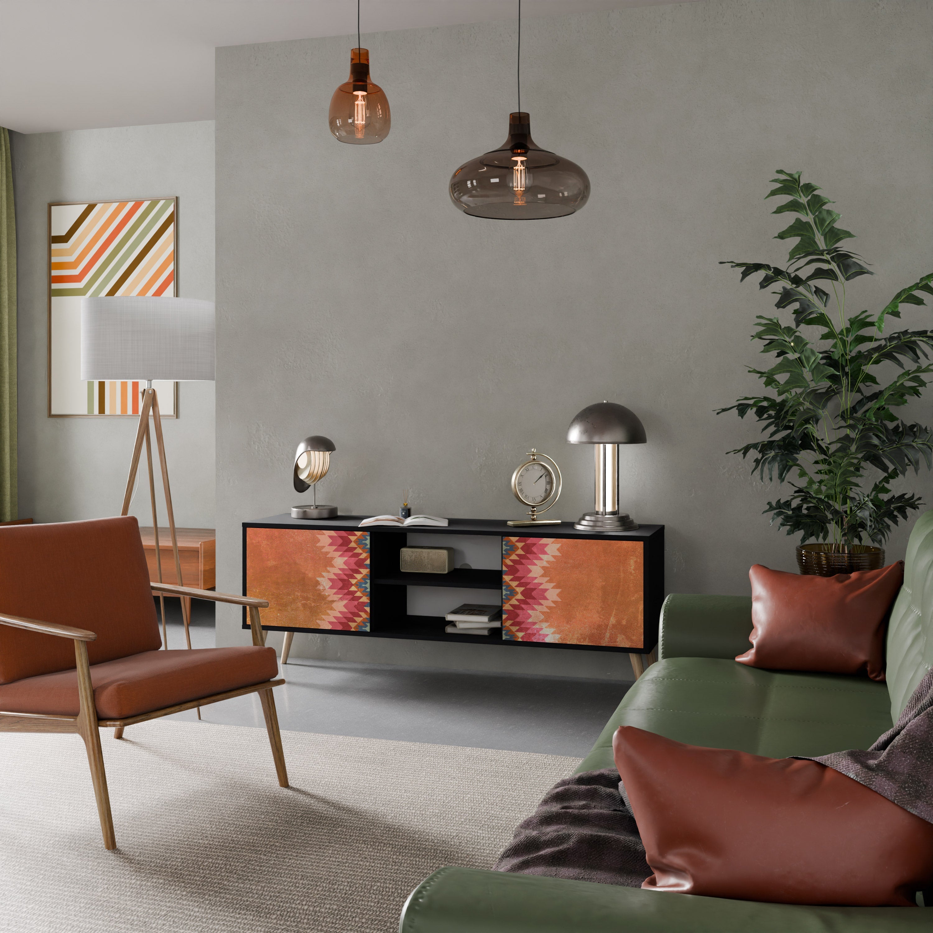 INDIAN FOLK Móvel de TV com 2 Portas em Acabamento Preto