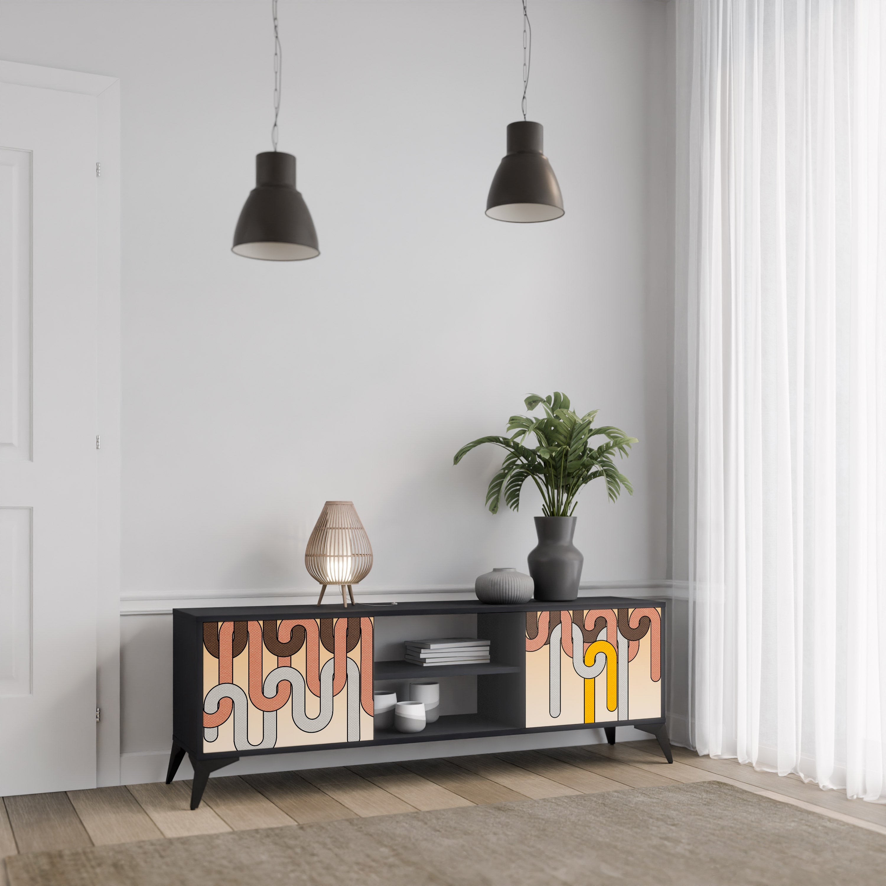 COLORFUL STRINGS Móvel de TV com 2 Portas em Acabamento Preto