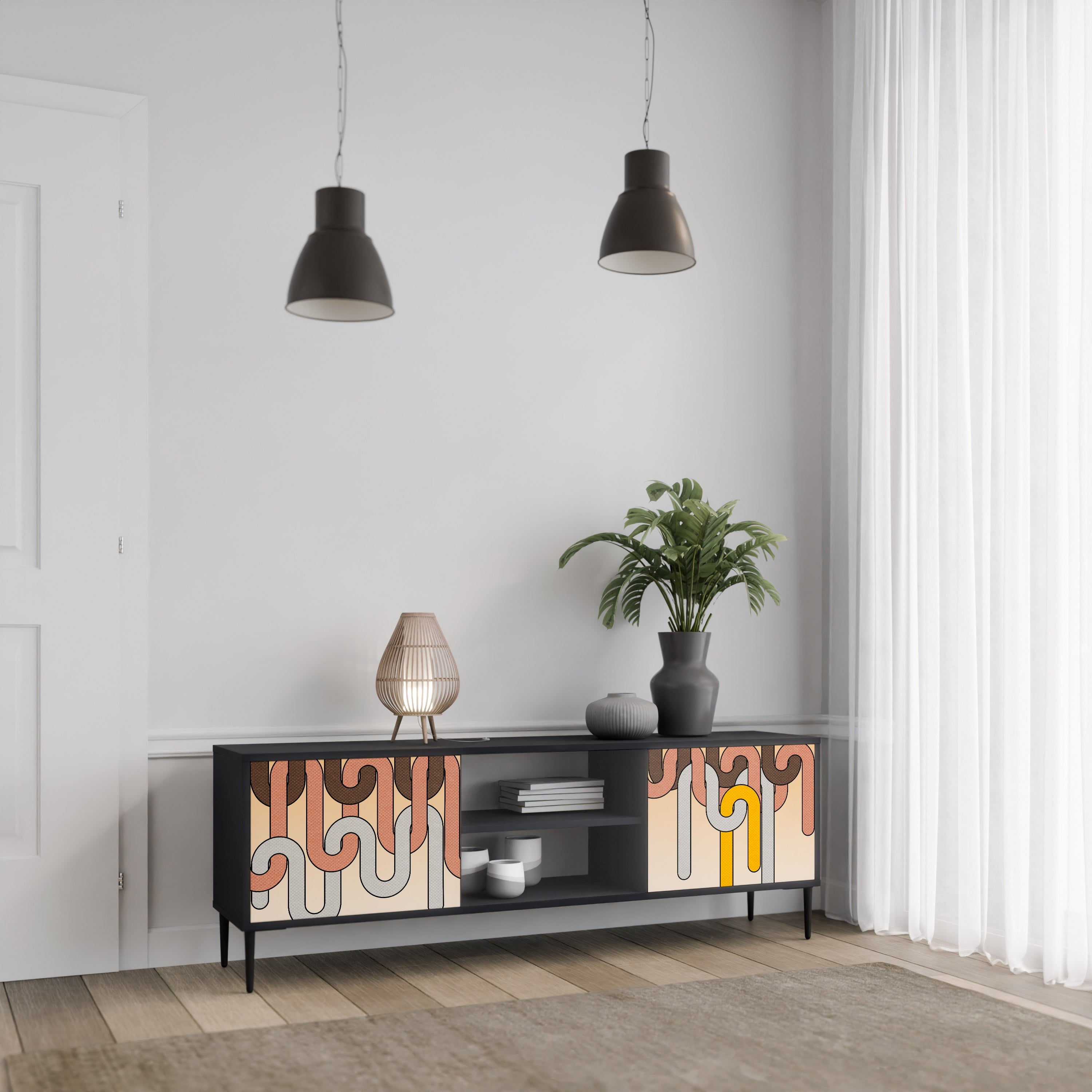 COLORFUL STRINGS Móvel de TV com 2 Portas em Acabamento Preto