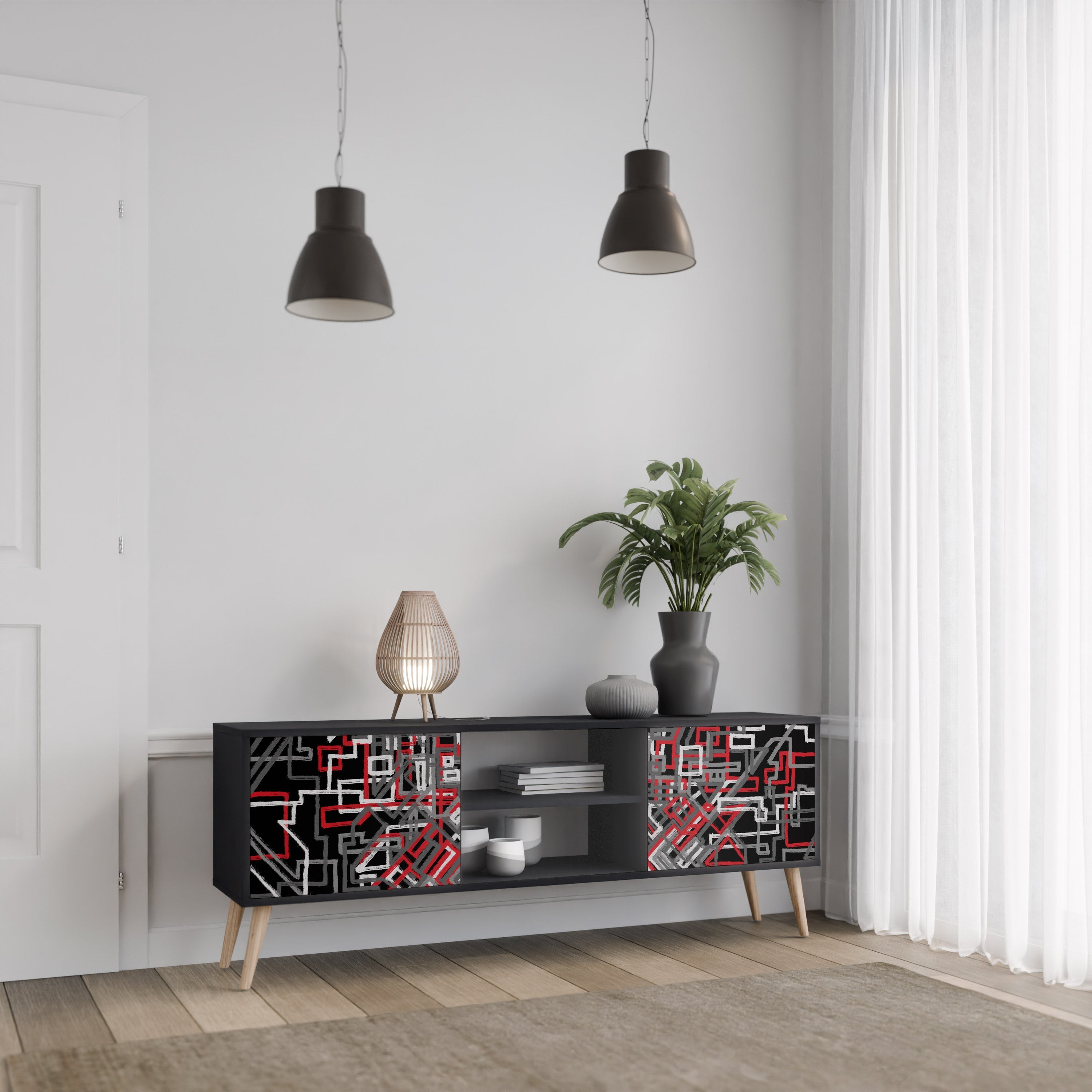 BROKEN LINES Móvel de TV com 2 Portas em Acabamento Preto