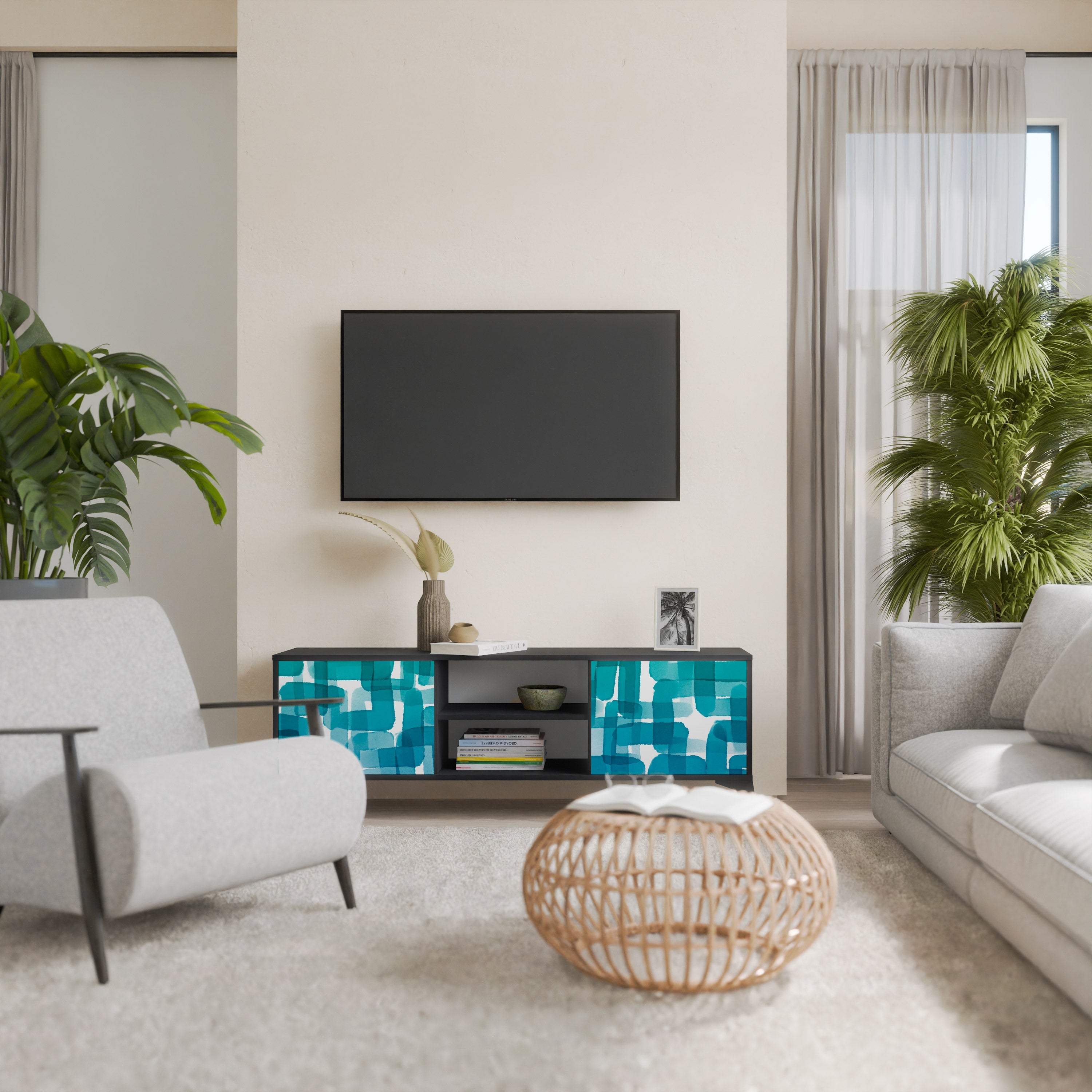 TURQUOISE RECTANGLES Móvel de TV com 2 Portas em Acabamento Preto