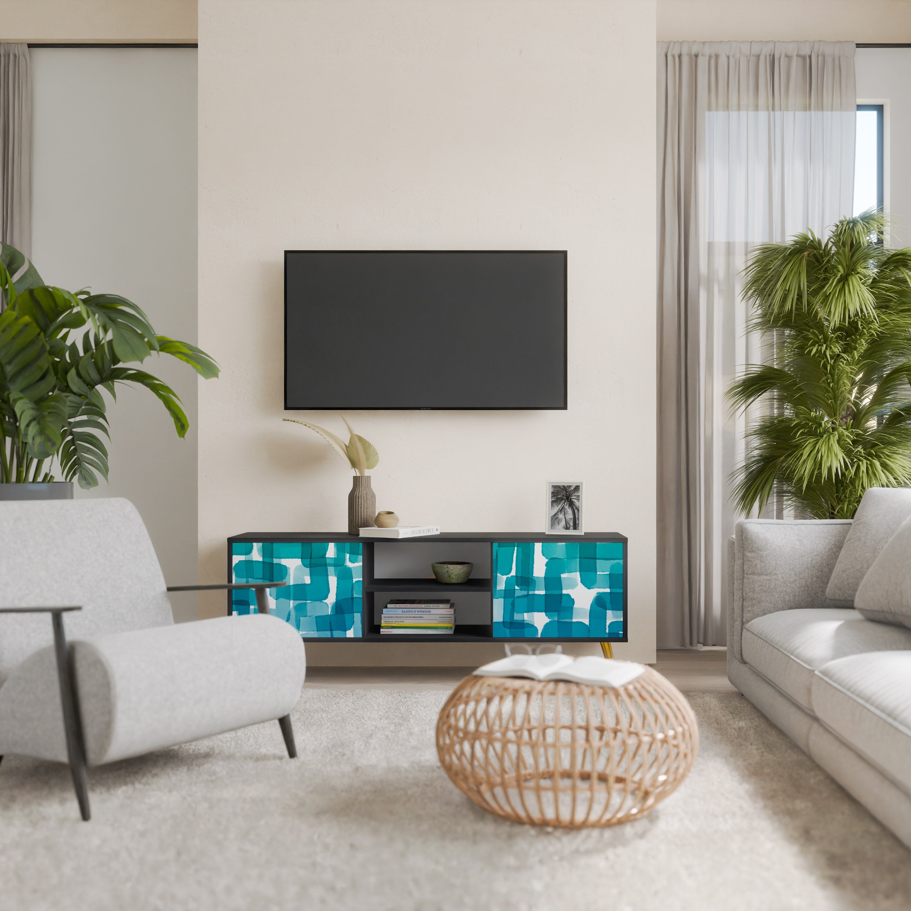 TURQUOISE RECTANGLES Móvel de TV com 2 Portas em Acabamento Preto
