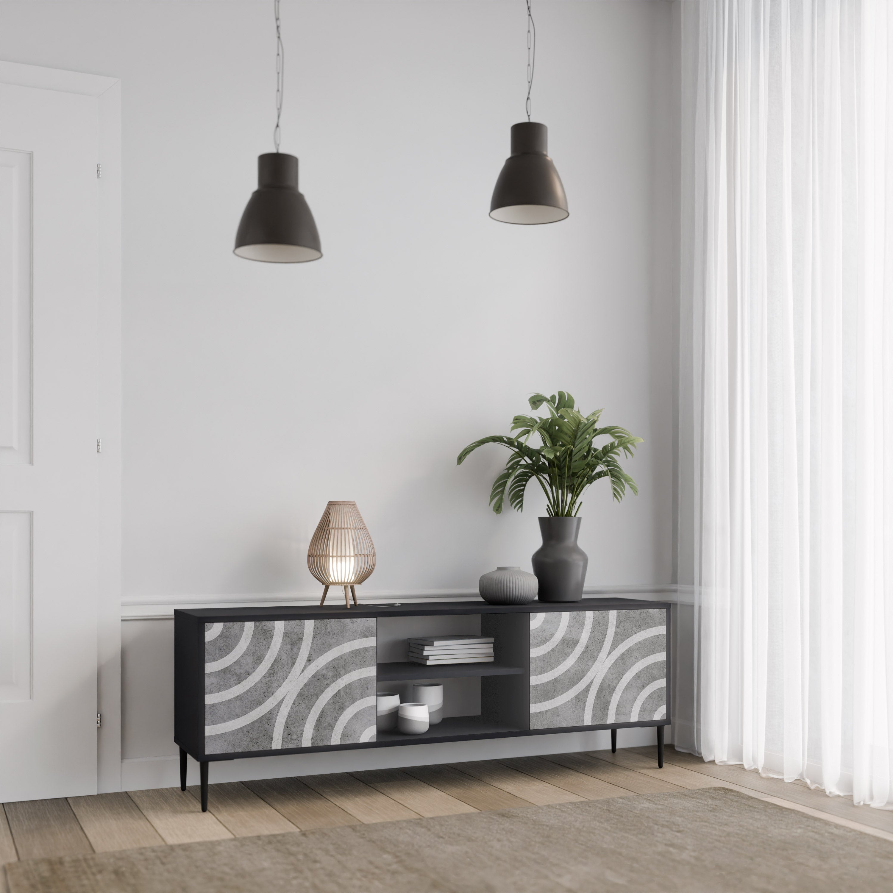 CIRCLE CONCRETE Móvel de TV com 2 Portas em Acabamento Preto