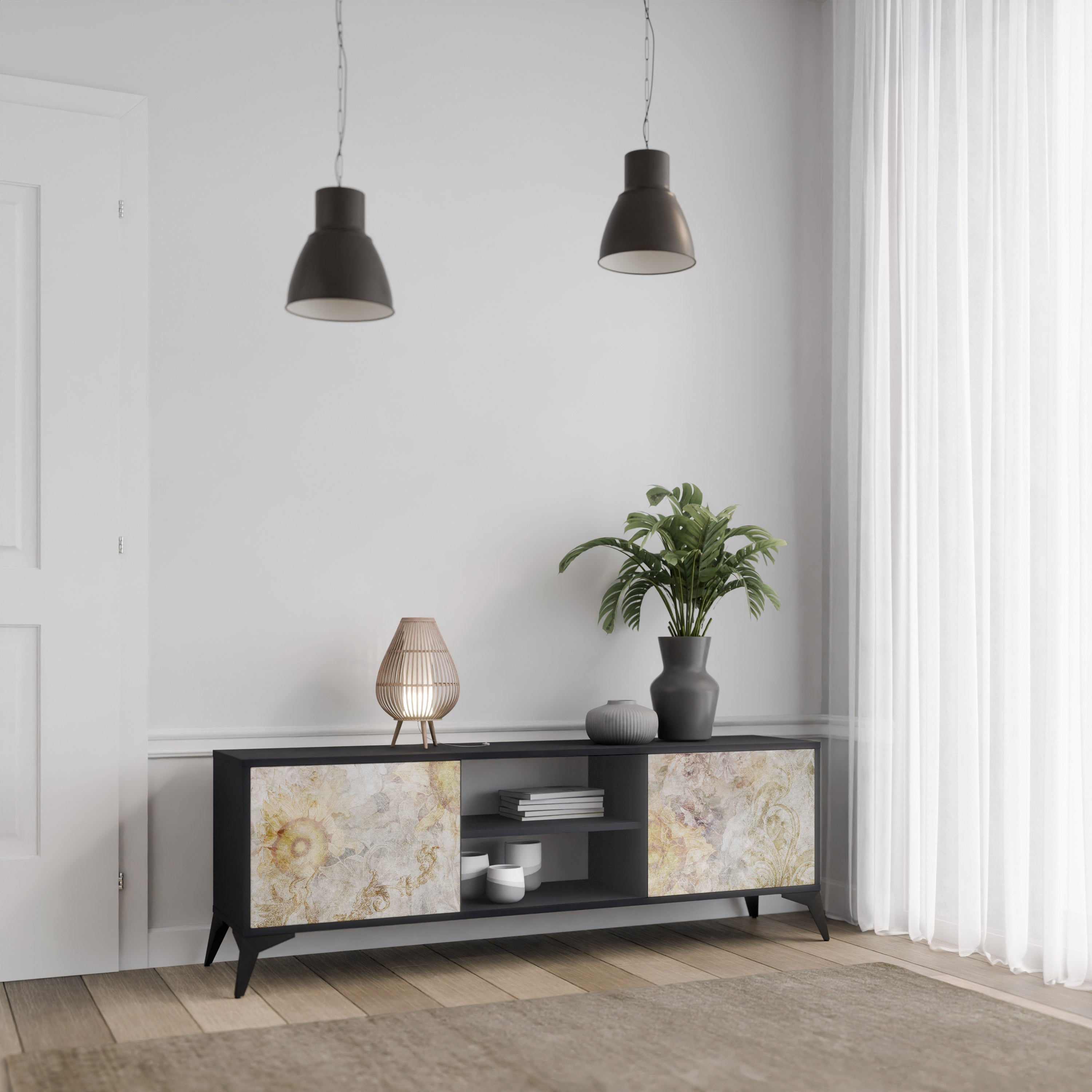 SUNFLOWER BLUR Móvel de TV com 2 Portas em Acabamento Preto