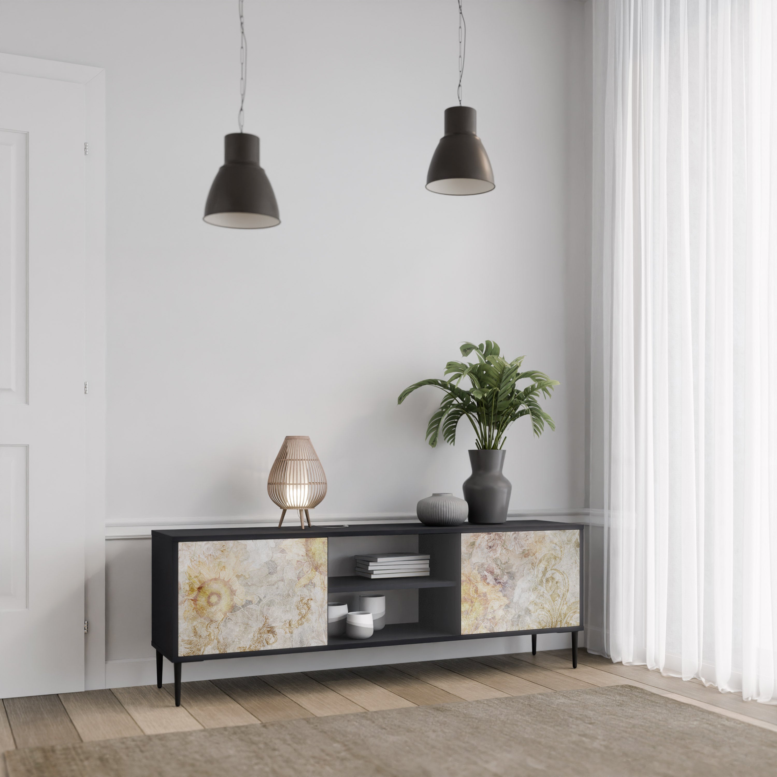 SUNFLOWER BLUR Móvel de TV com 2 Portas em Acabamento Preto