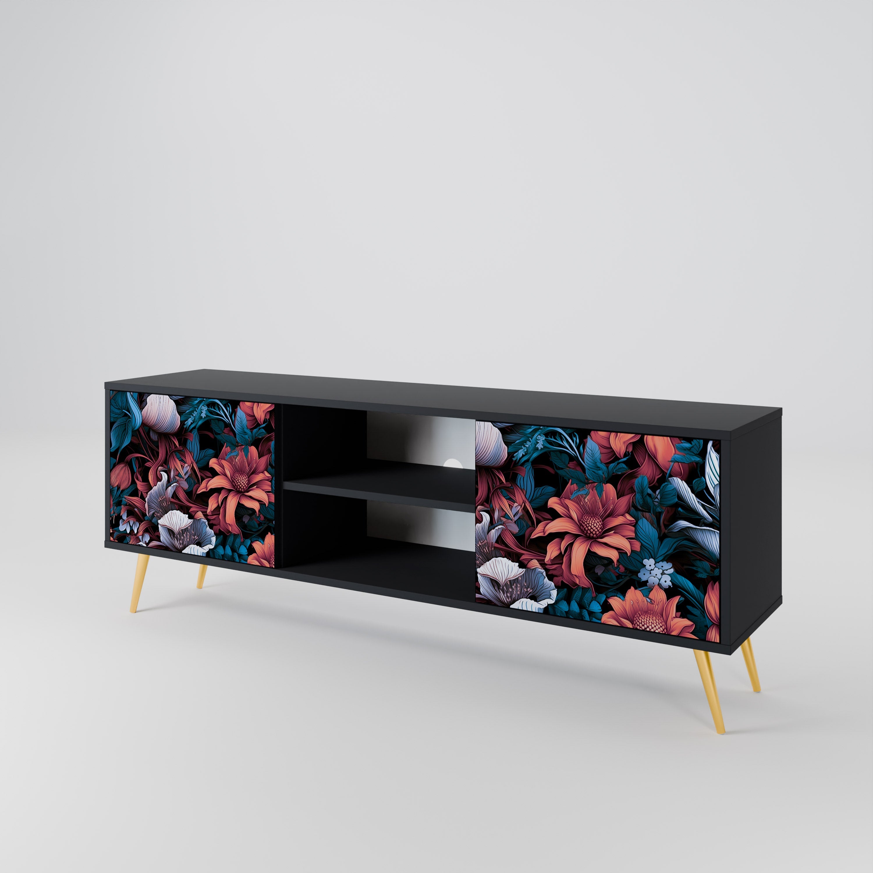 ETHEREAL BLOSSOMS 2-Door TV Stand in Black Finish
