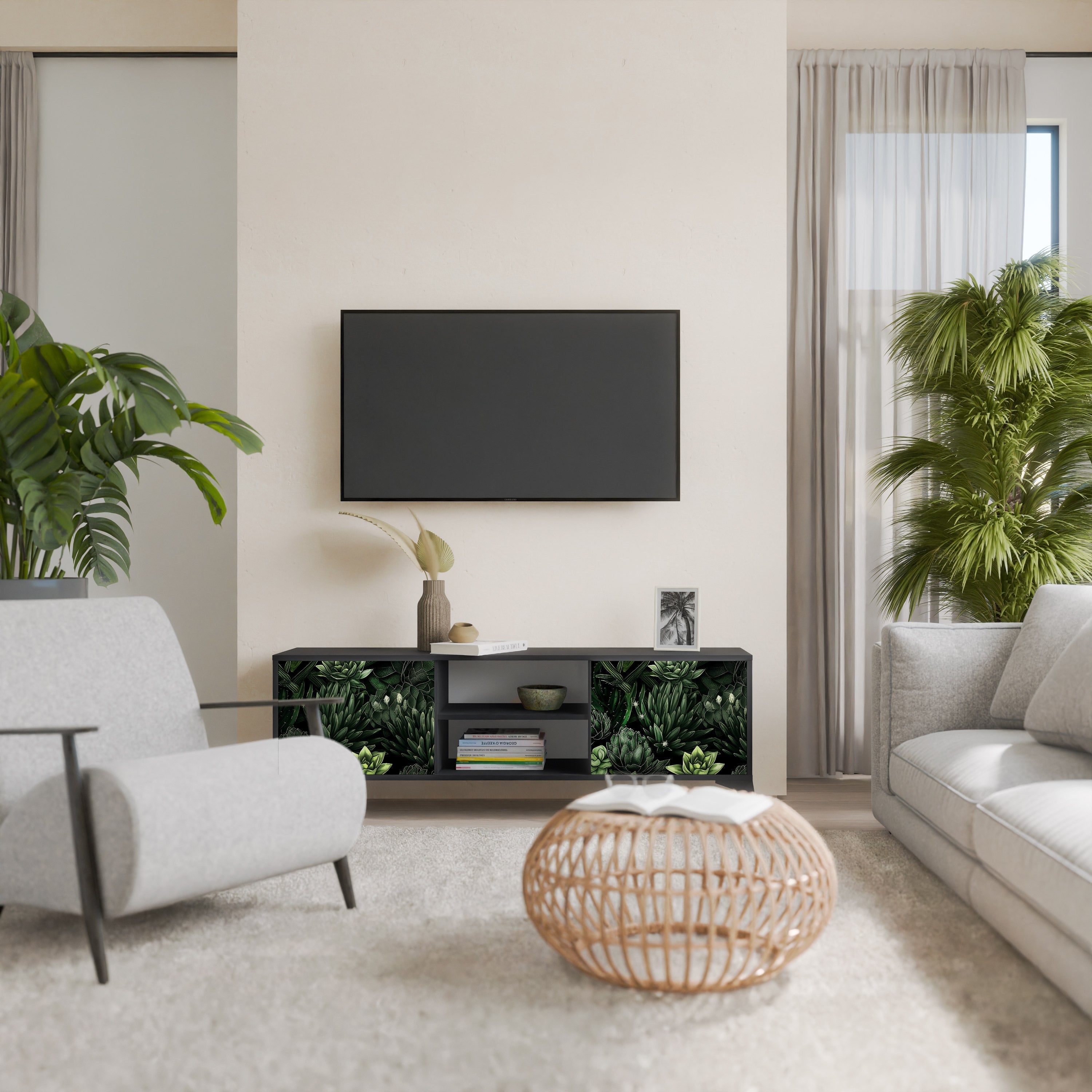 SUCCULENT JUNGLE Móvel de TV com 2 Portas em Acabamento Preto