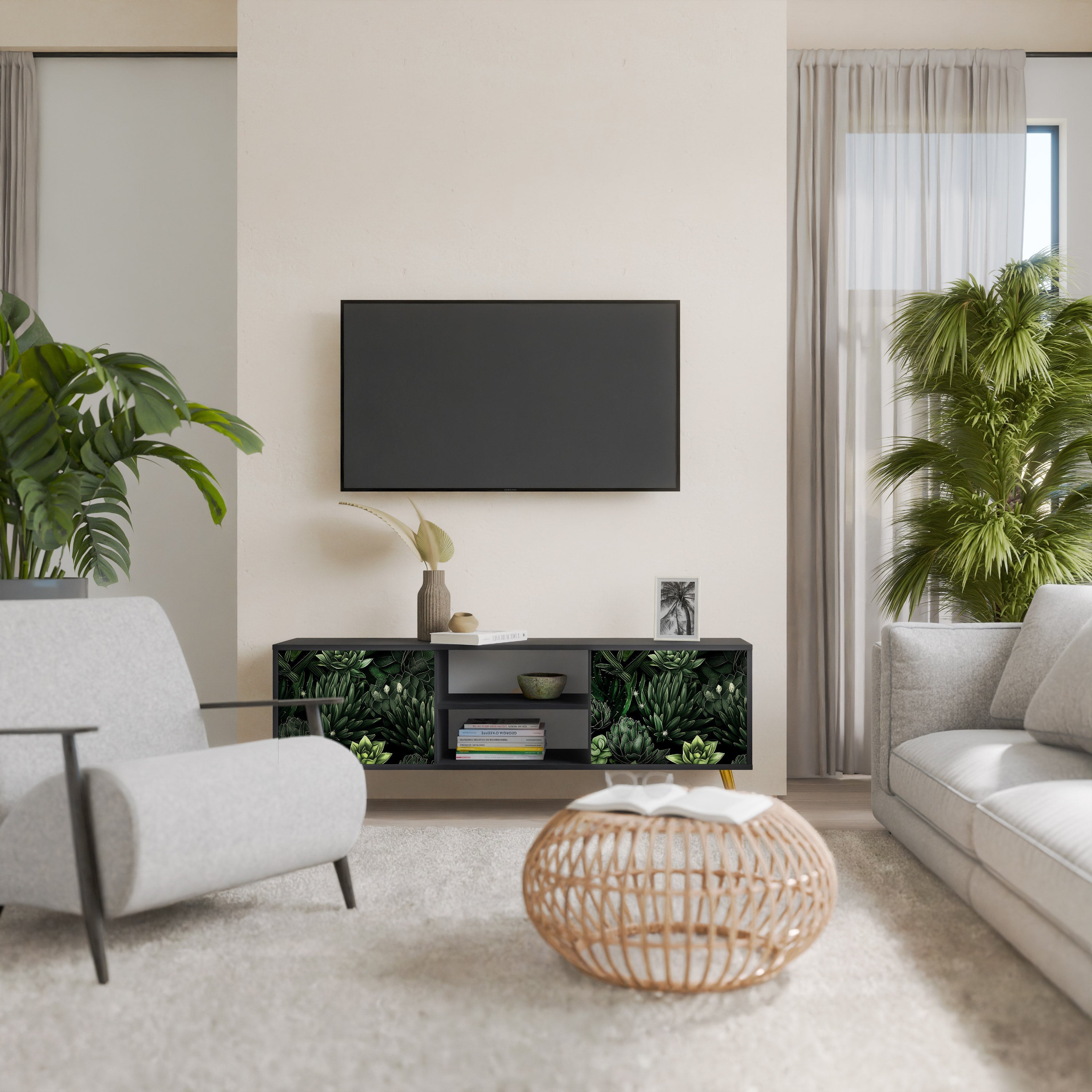 SUCCULENT JUNGLE Móvel de TV com 2 Portas em Acabamento Preto