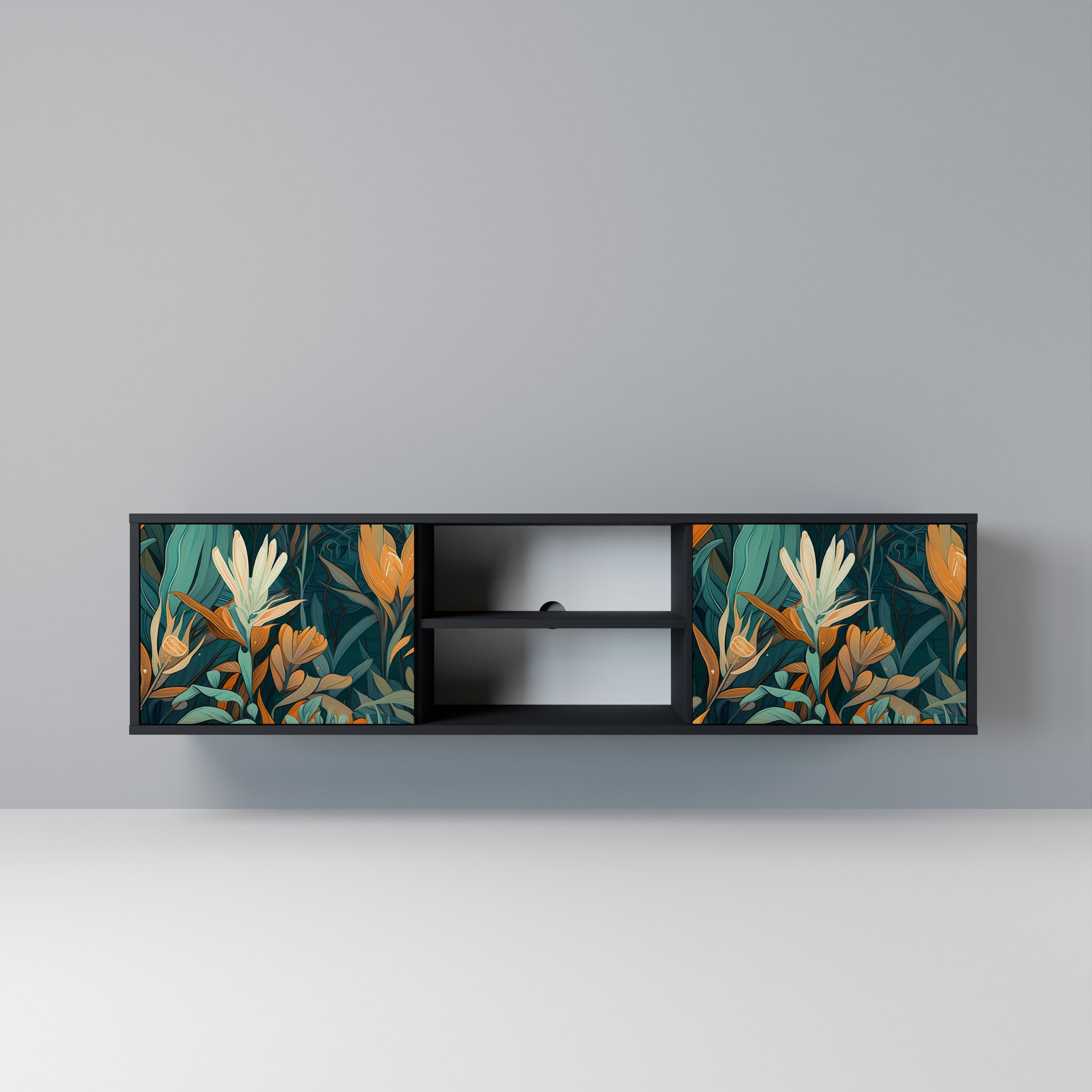 FLORAL SERENITY Móvel de TV com 2 Portas em Acabamento Preto