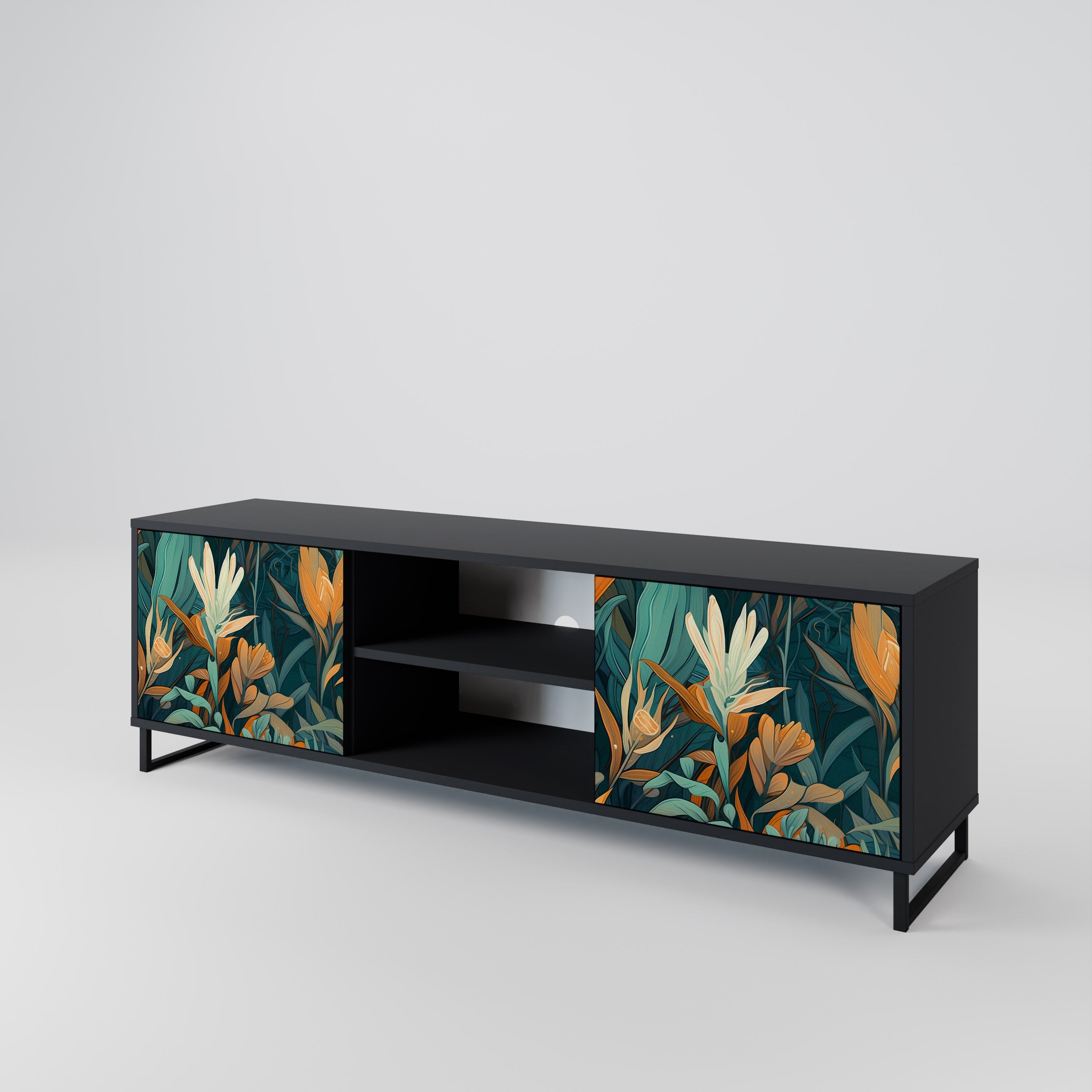 FLORAL SERENITY Móvel de TV com 2 Portas em Acabamento Preto