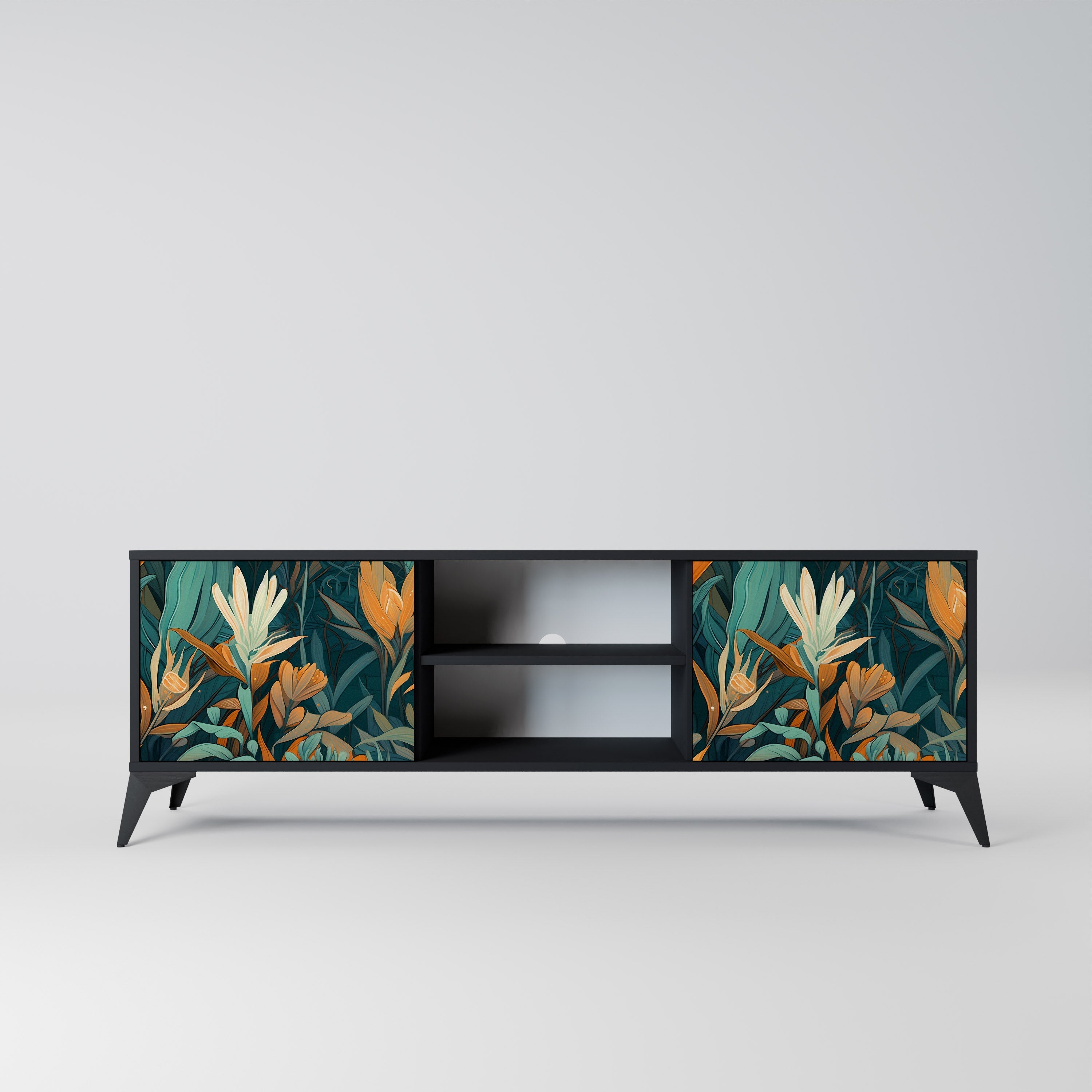 FLORAL SERENITY Móvel de TV com 2 Portas em Acabamento Preto