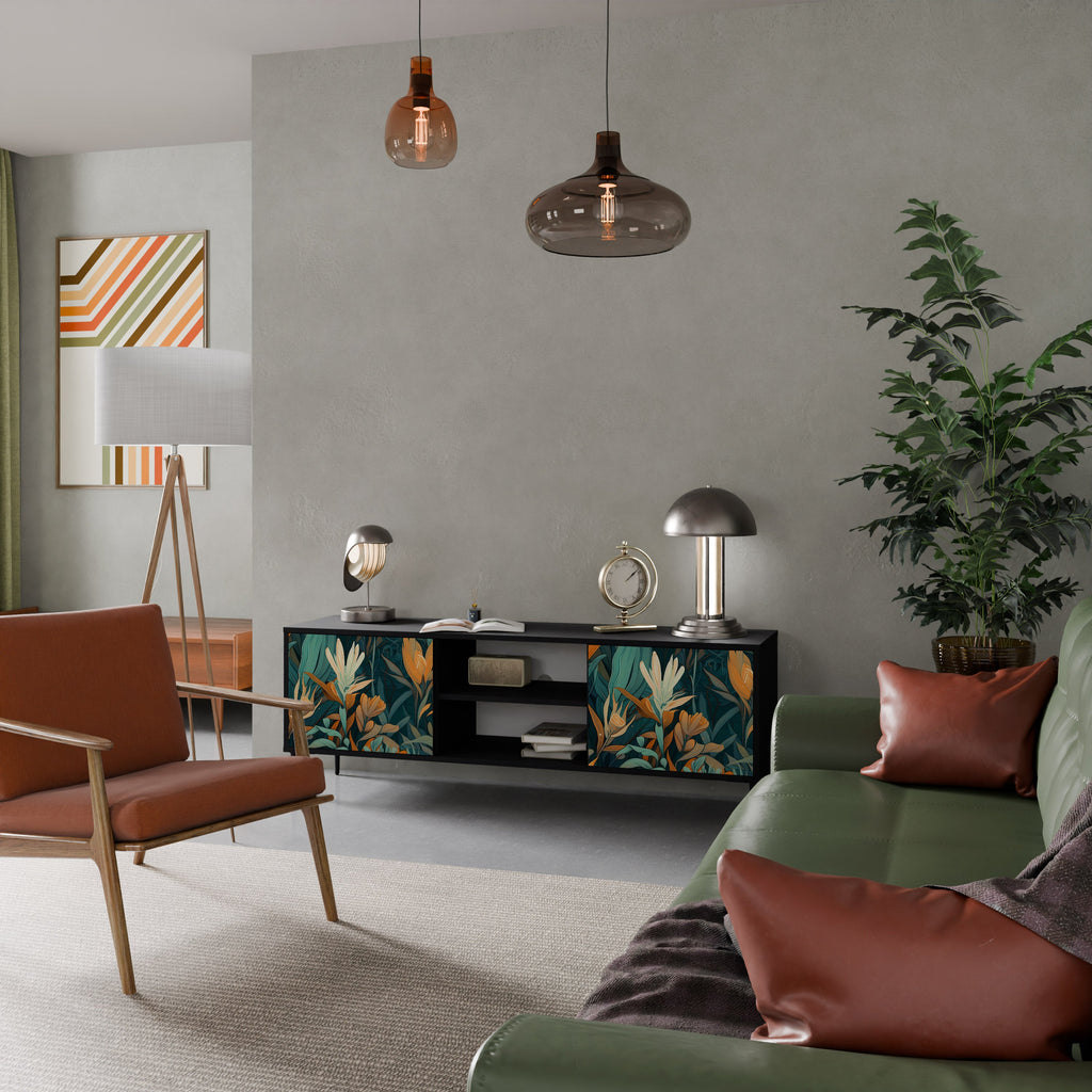 FLORAL SERENITY Móvel de TV com 2 Portas em Acabamento Preto