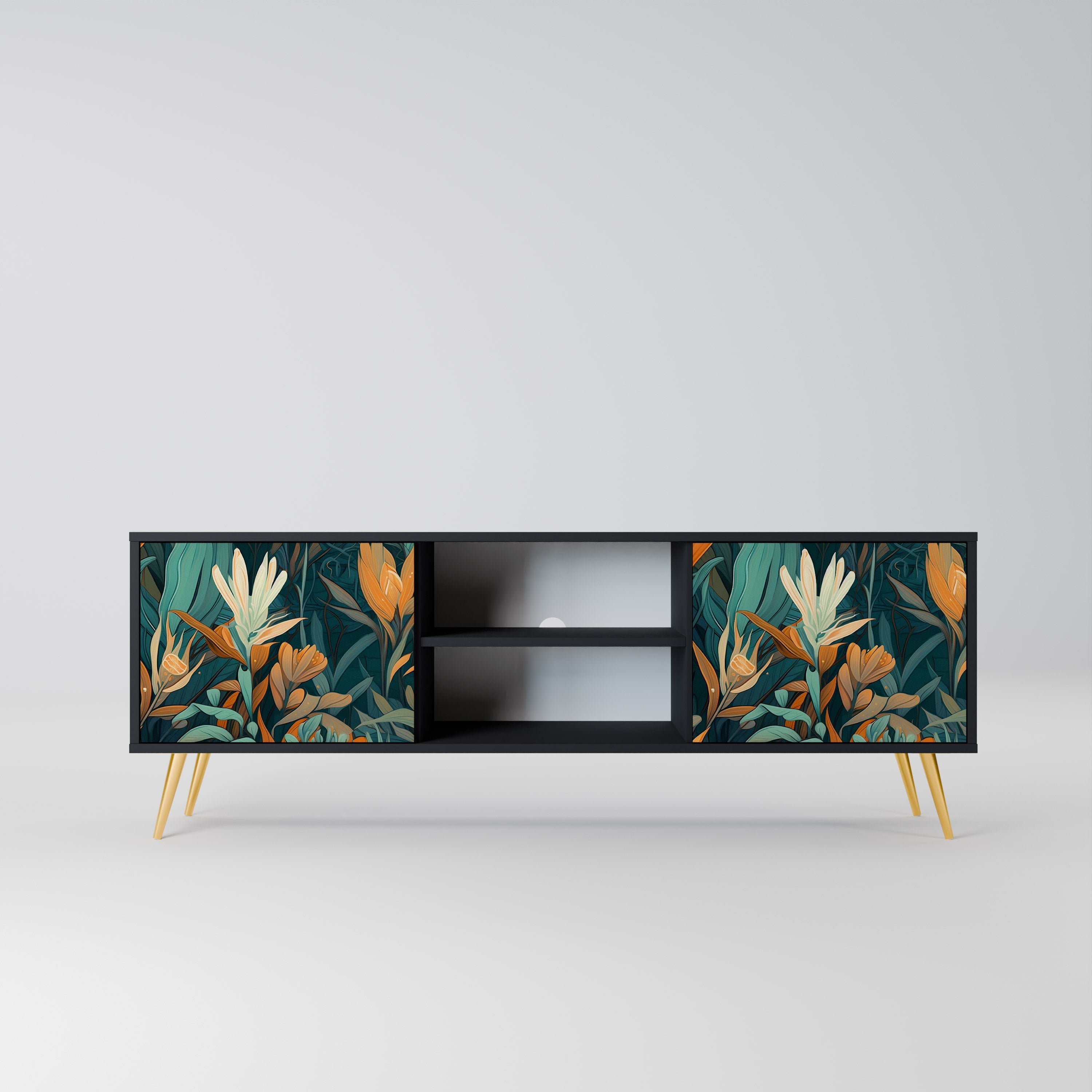 FLORAL SERENITY Móvel de TV com 2 Portas em Acabamento Preto
