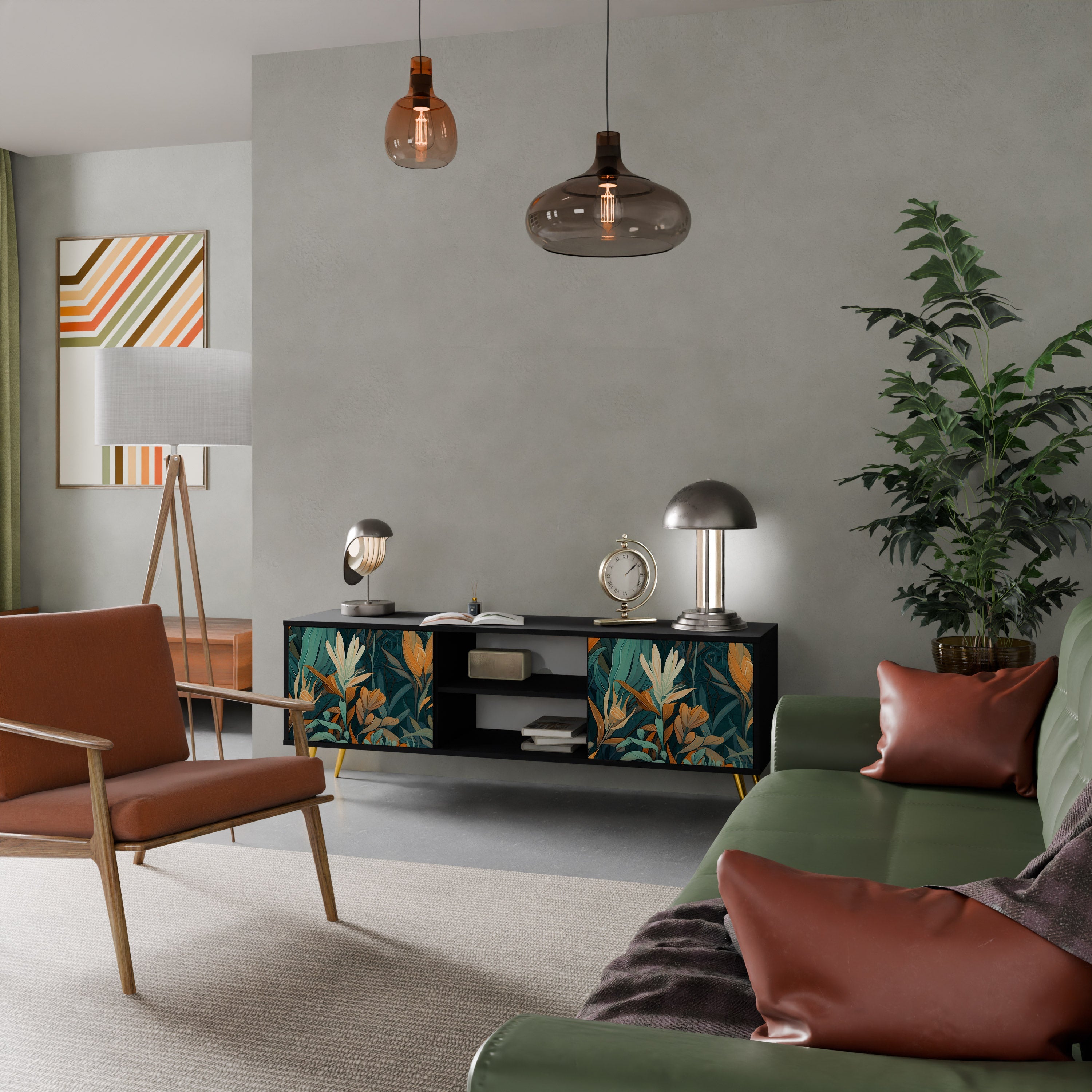 FLORAL SERENITY Móvel de TV com 2 Portas em Acabamento Preto