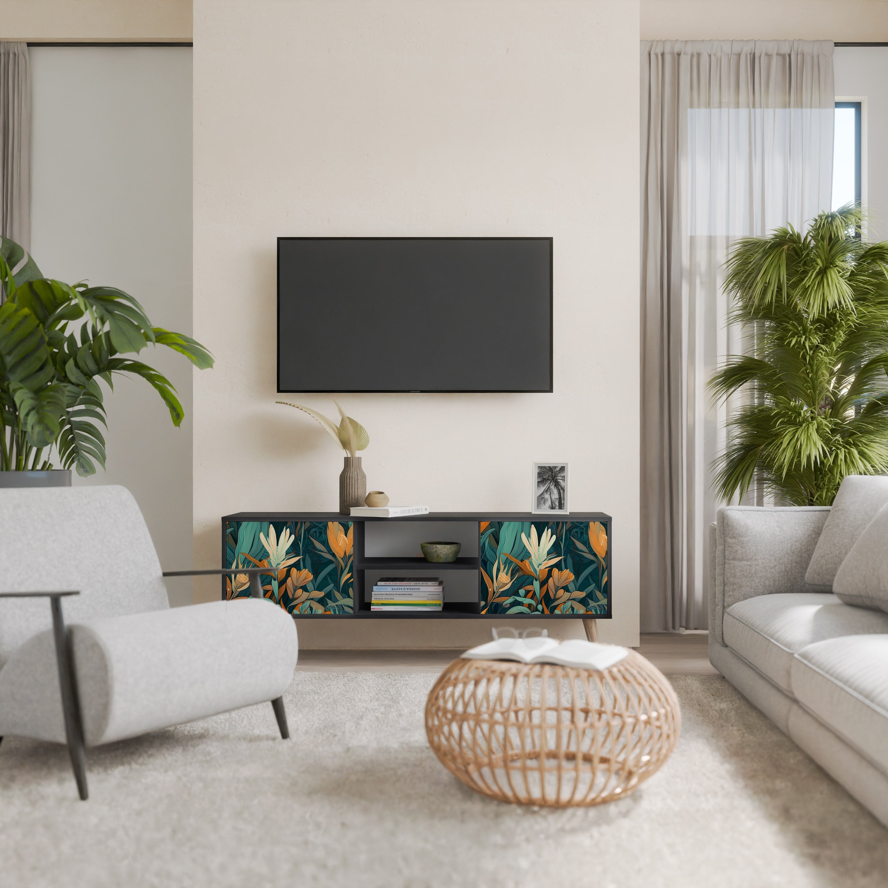 FLORAL SERENITY Móvel de TV com 2 Portas em Acabamento Preto