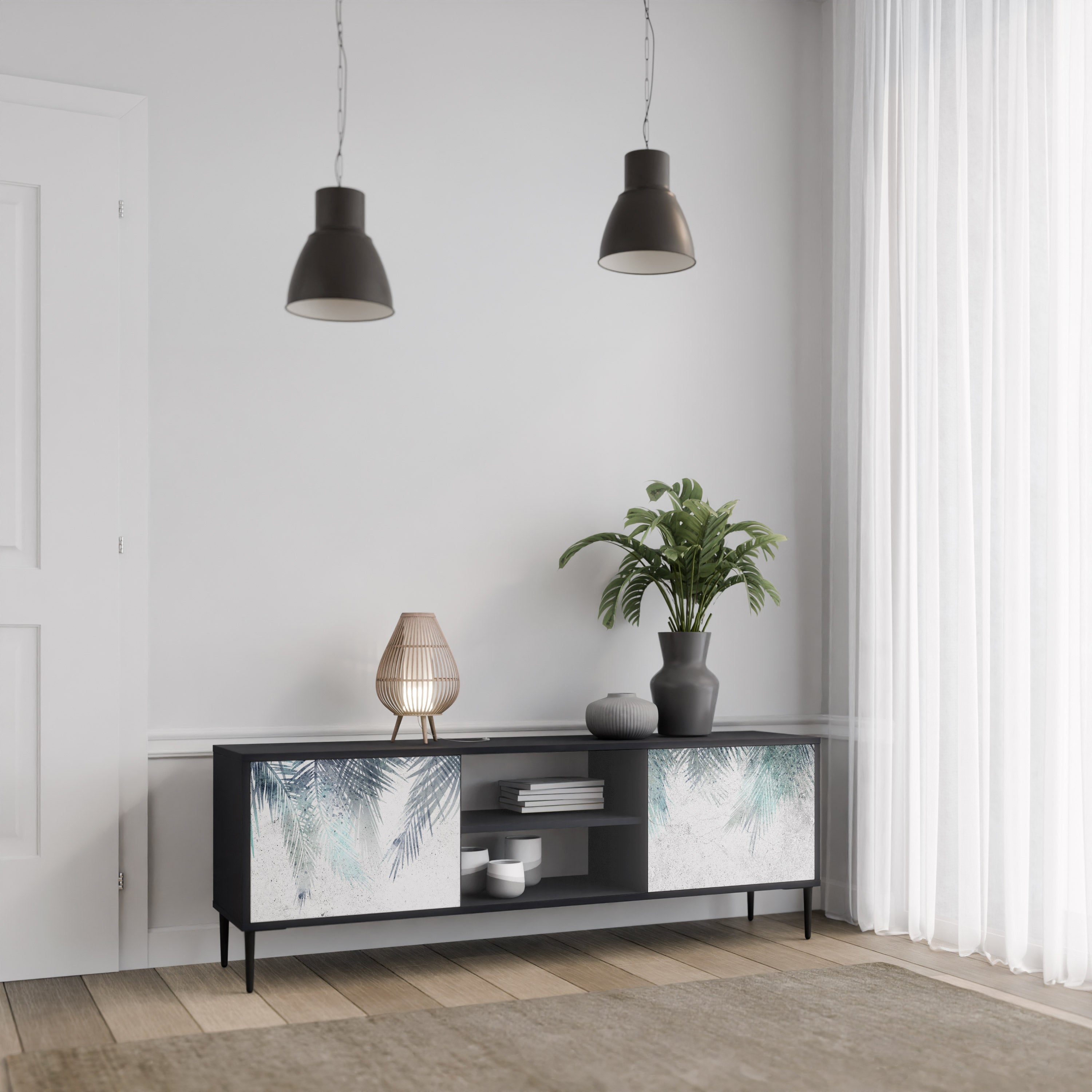 PALM VEIL Móvel de TV com 2 Portas em Acabamento Preto