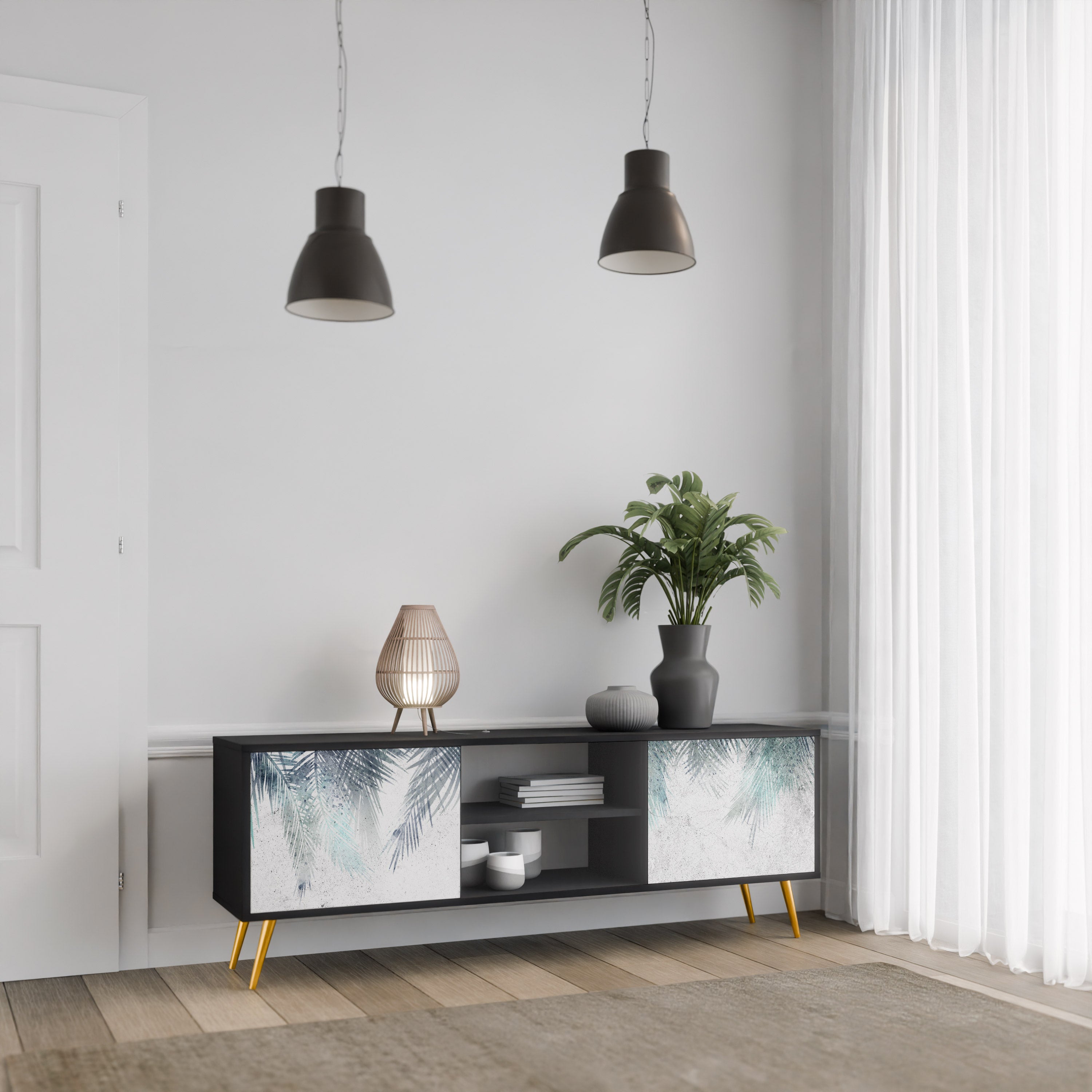 PALM VEIL 2-Door TV Stand in Black Finish