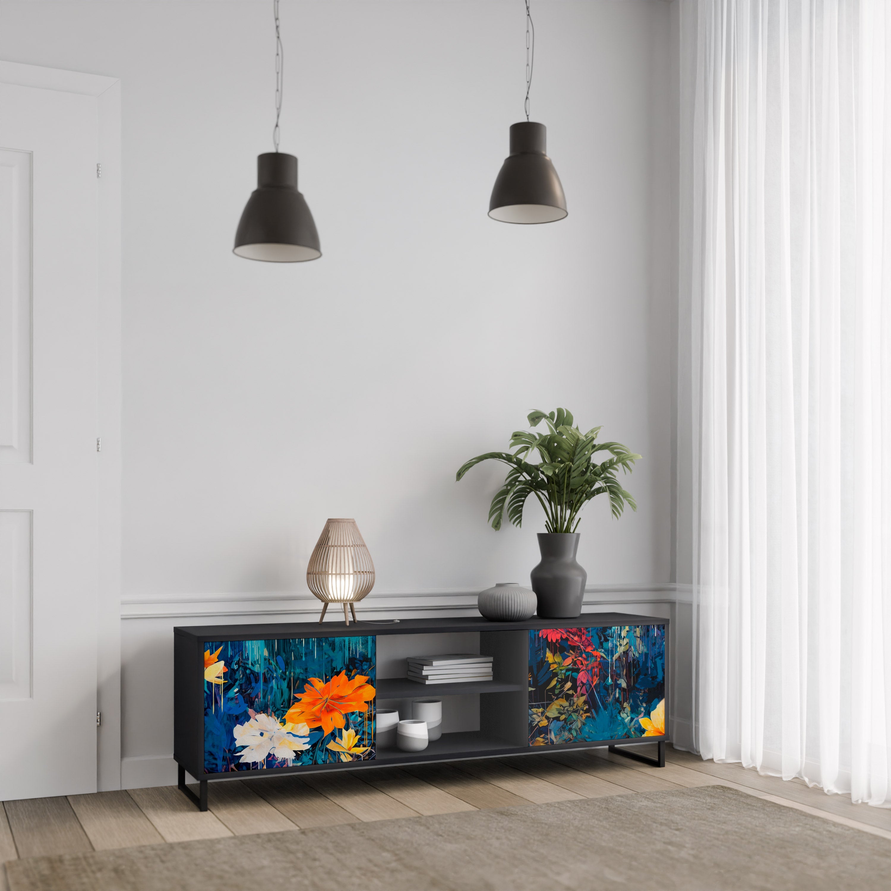 MIDNIGHT BLOSSOM 2-Door TV Stand in Black Finish