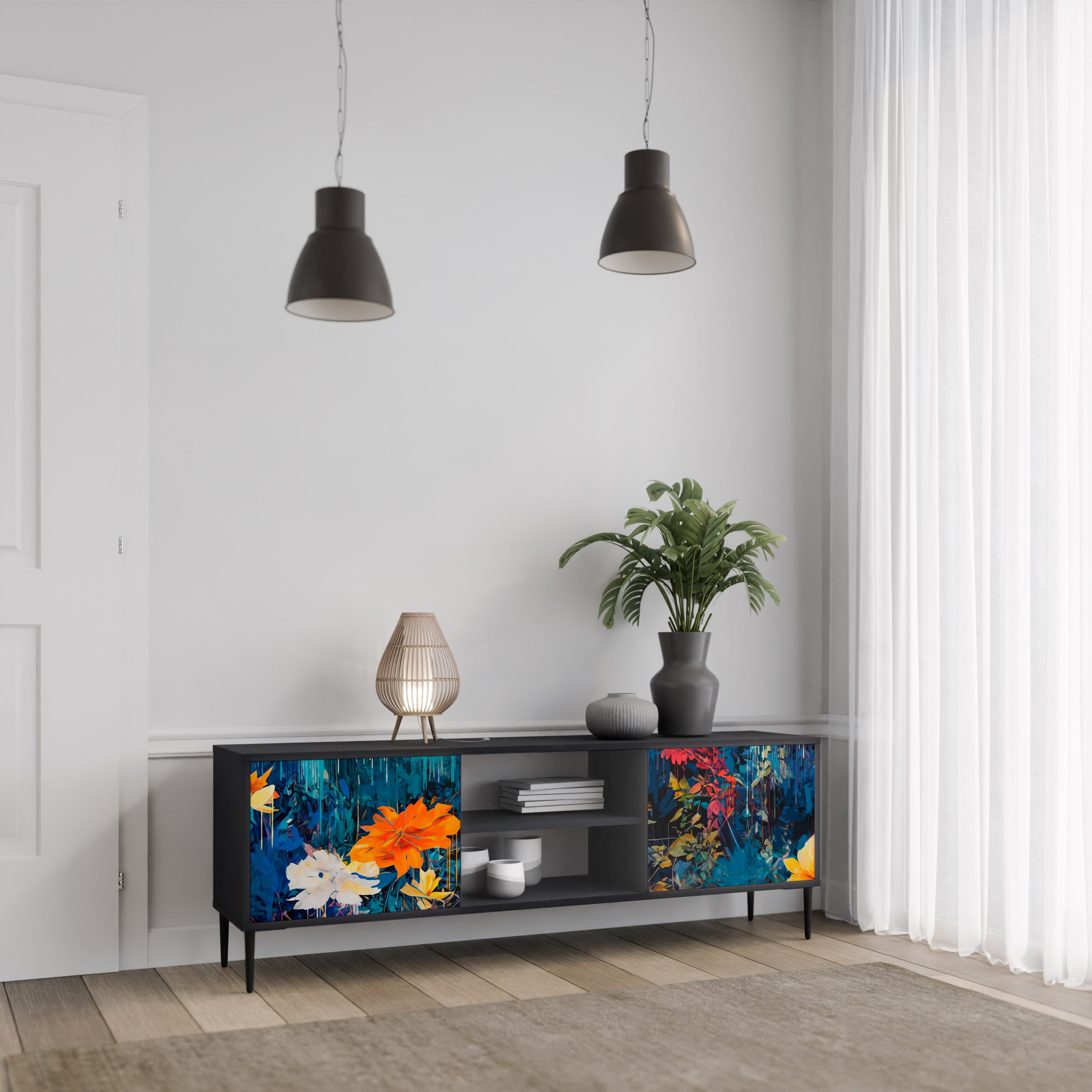 MIDNIGHT BLOSSOM Móvel de TV com 2 Portas em Acabamento Preto