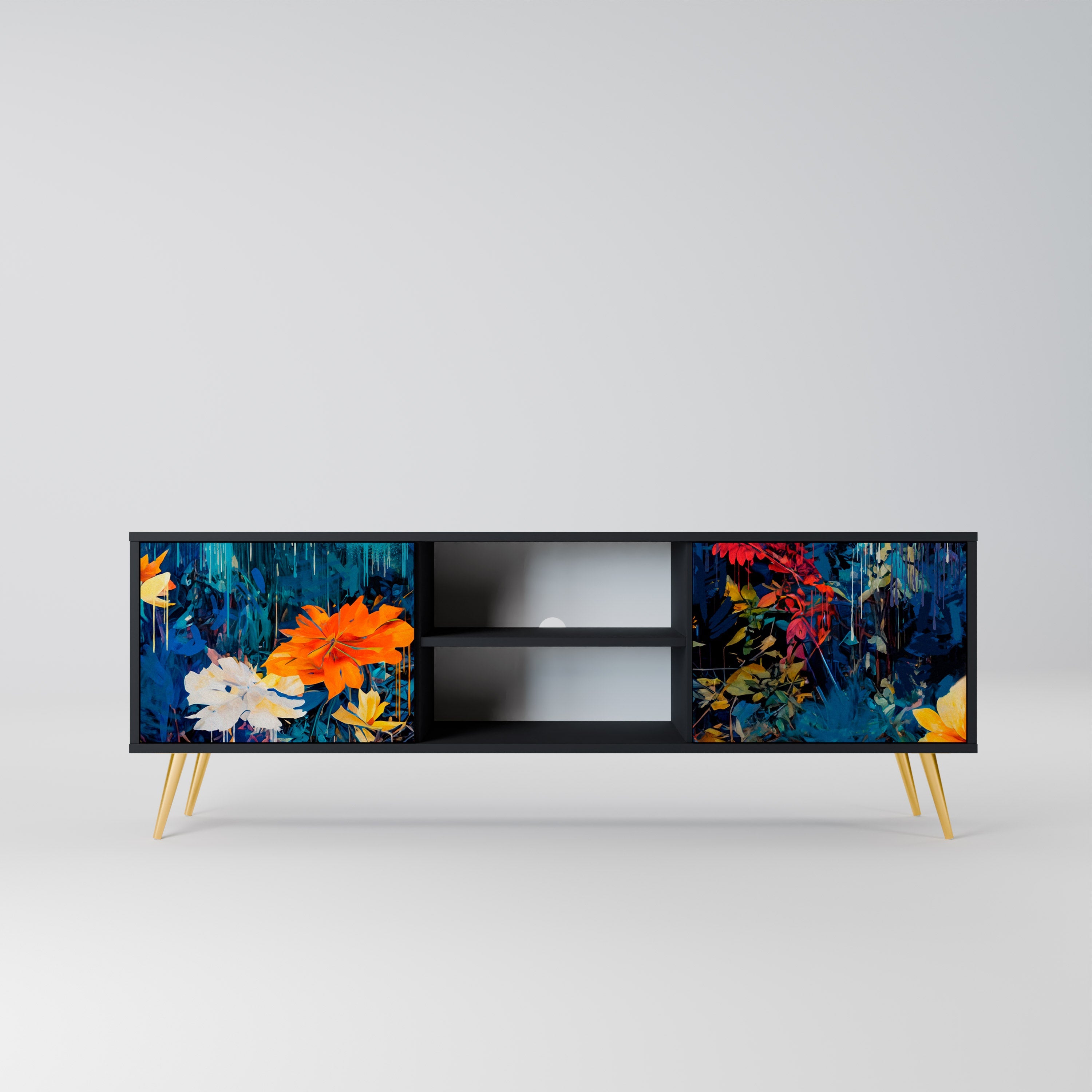 MIDNIGHT BLOSSOM Móvel de TV com 2 Portas em Acabamento Preto