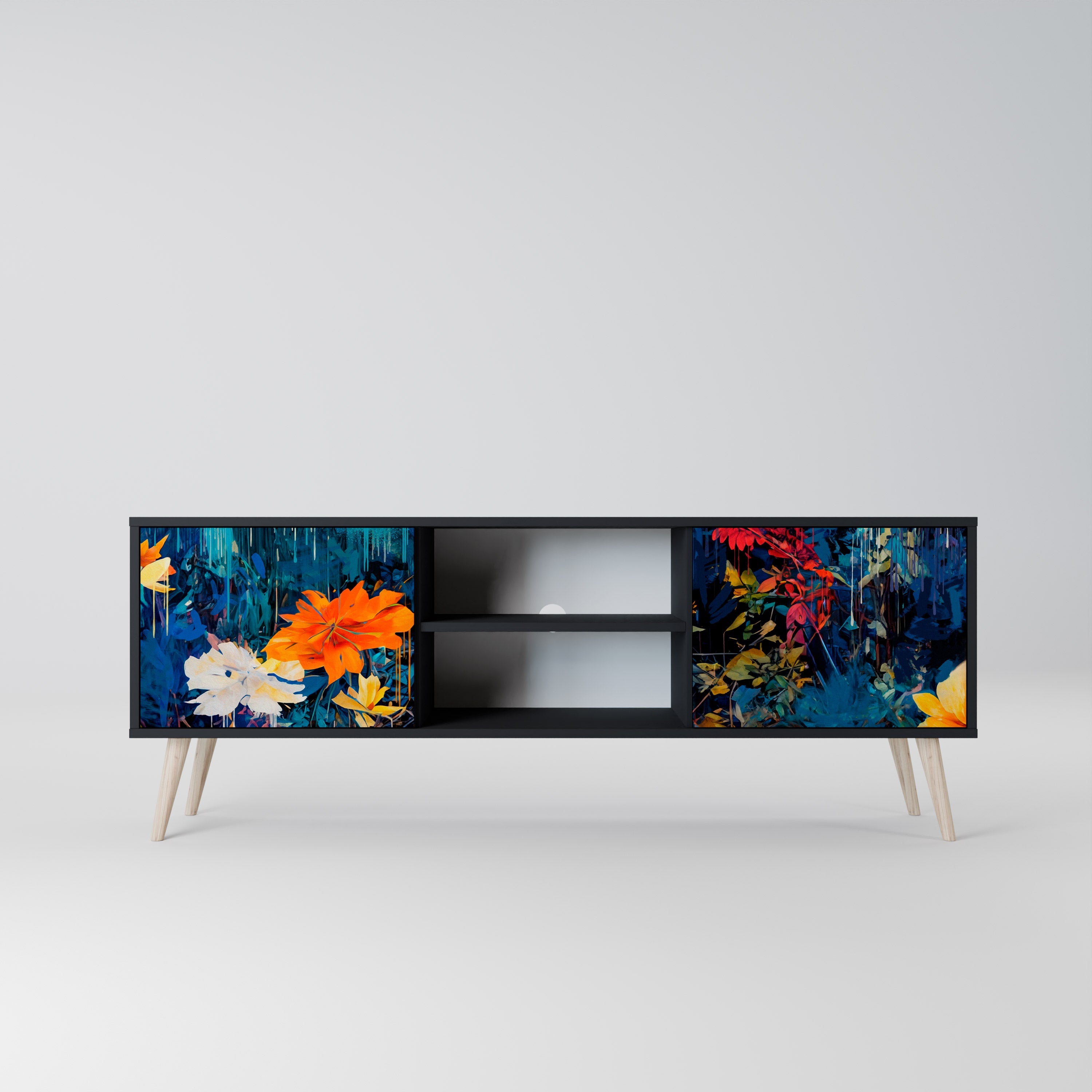 MIDNIGHT BLOSSOM Móvel de TV com 2 Portas em Acabamento Preto