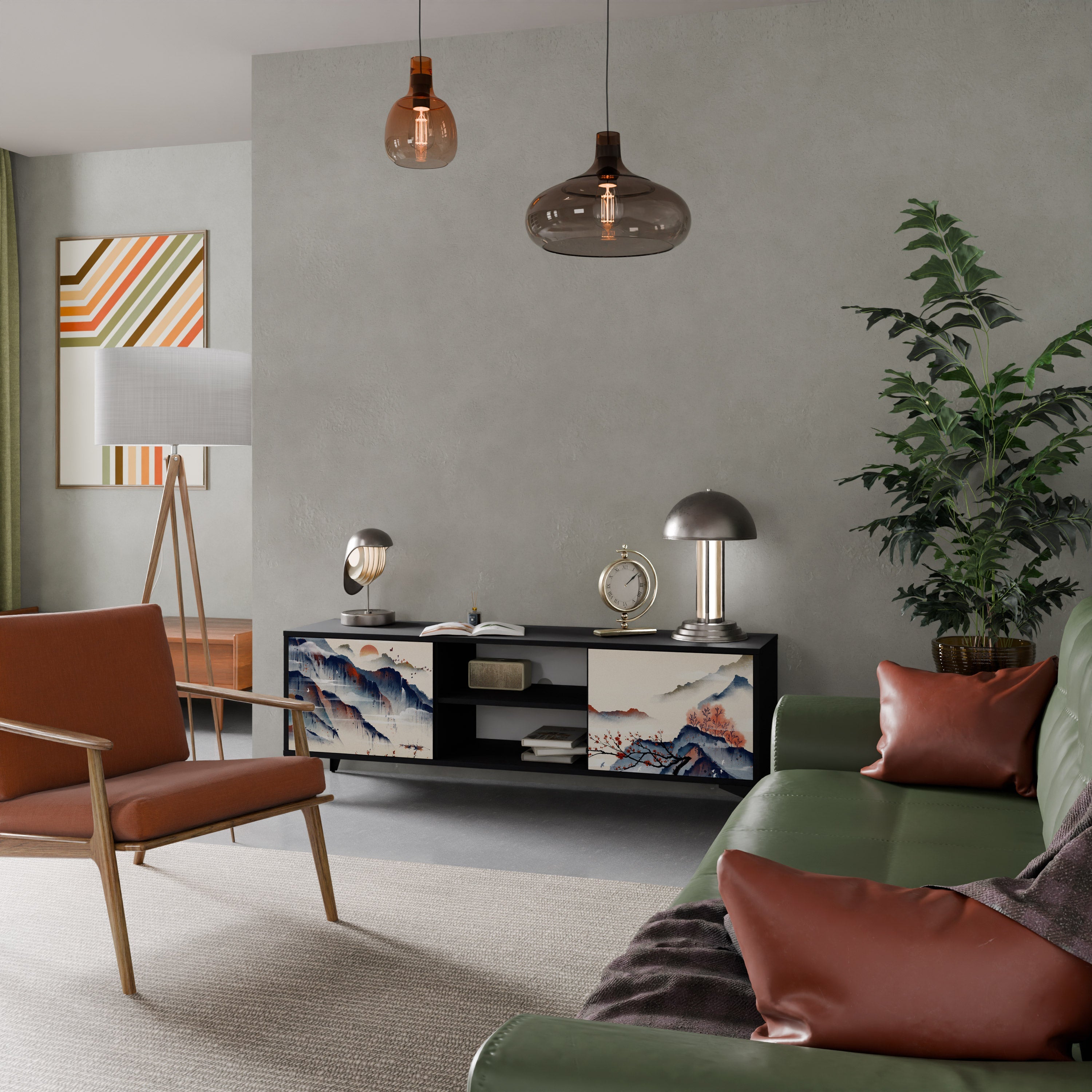 JAPANESE LANDSCAPE Móvel de TV com 2 Portas em Acabamento Preto