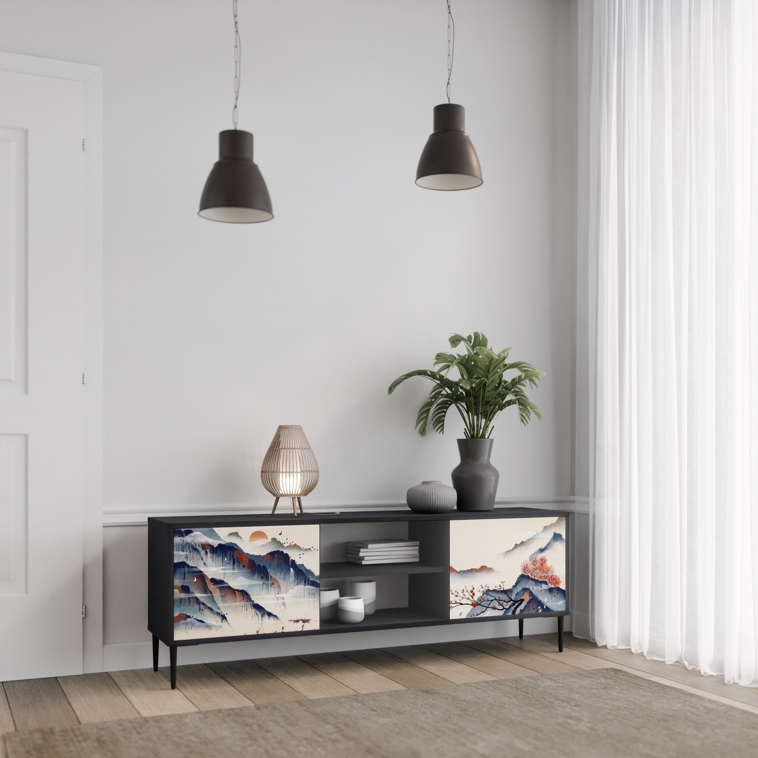 JAPANESE LANDSCAPE Móvel de TV com 2 Portas em Acabamento Preto