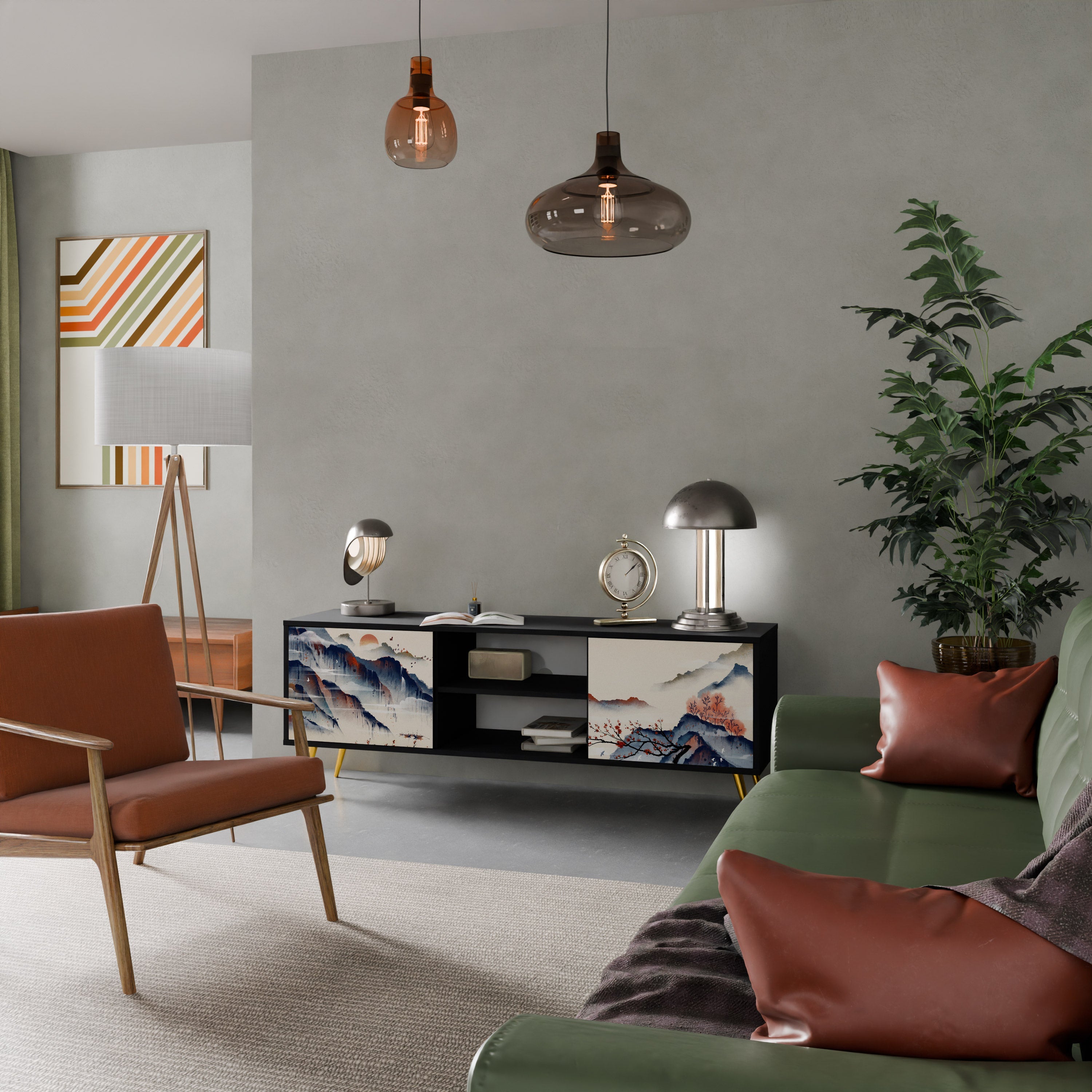 JAPANESE LANDSCAPE Móvel de TV com 2 Portas em Acabamento Preto