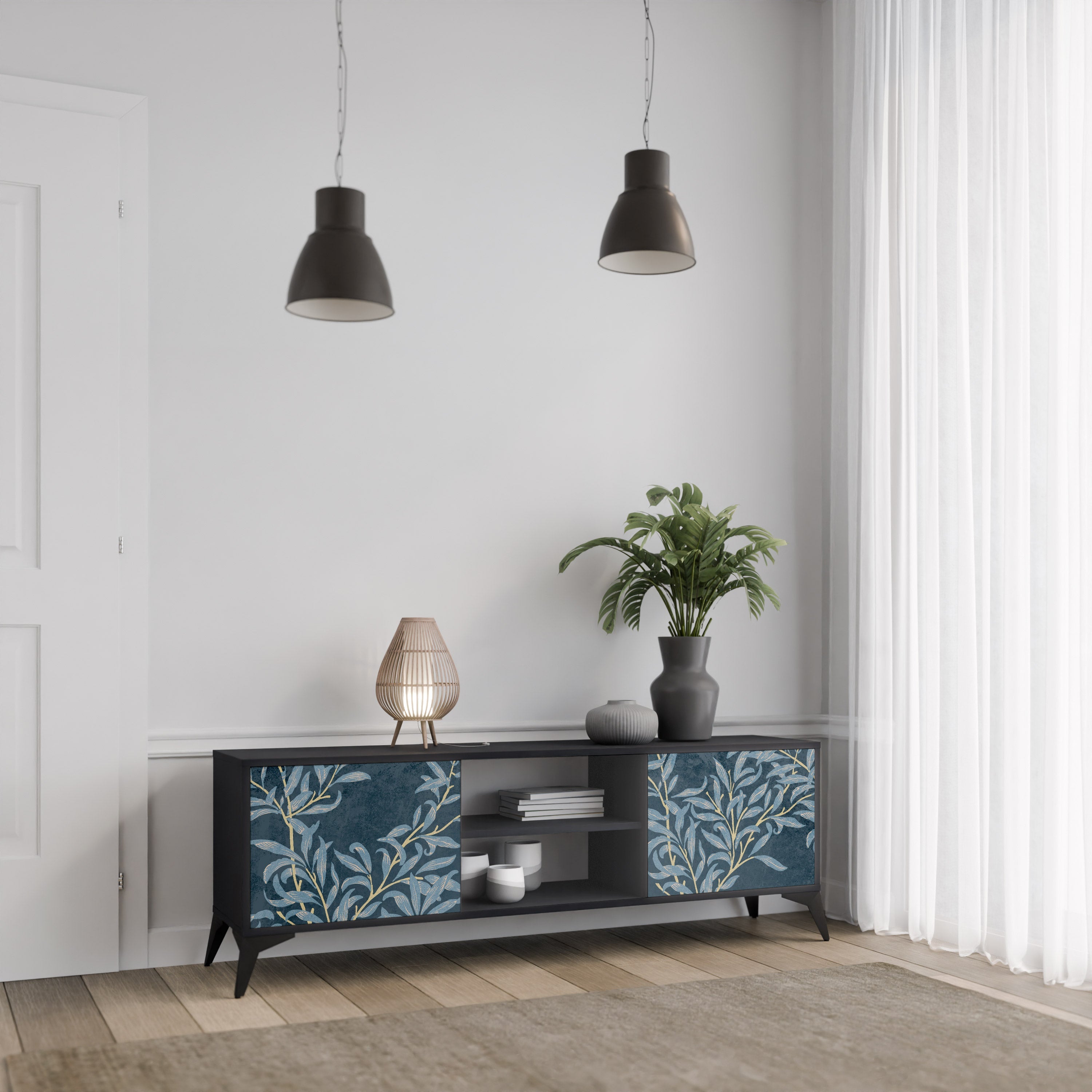 BLUE LEAVES Móvel de TV com 2 Portas em Acabamento Preto